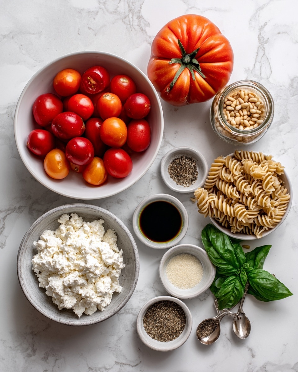 The image shows a flat lay of several fresh ingredients arranged on a white marbled surface: a white bowl filled with bright red cherry tomatoes, next to two large red heirloom tomatoes and one orange tomato, a white bowl of spiral cooked pasta that is light brown, a round metal bowl filled with crumbly white cheese, a few green basil leaves stacked in a small pile, a small white bowl of pine nuts, and four small metal and white bowls and spoons containing light green olive oil, chopped garlic, coarse salt and black pepper mix, grainy mustard, and dark balsamic vinegar in a glass jar. All items are spaced evenly and clearly visible photo taken with an iphone --ar 4:5 --v 7
