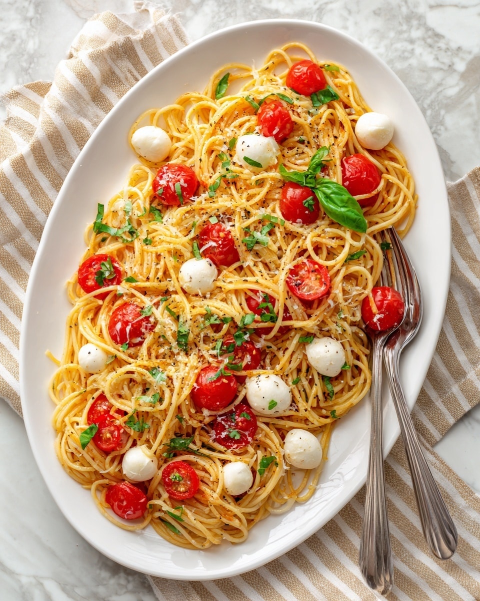 A large white oval plate holds a serving of spaghetti mixed with halved bright red cherry tomatoes and small round white mozzarella balls, scattered evenly throughout the soft golden-brown pasta strands. Fresh green basil leaves are mixed in, adding a pop of color, and the dish is sprinkled with grated cheese and black pepper. Two silver forks rest at the bottom right edge of the plate, placed on a white marbled surface with a beige striped cloth nearby. Photo taken with an iphone --ar 4:5 --v 7