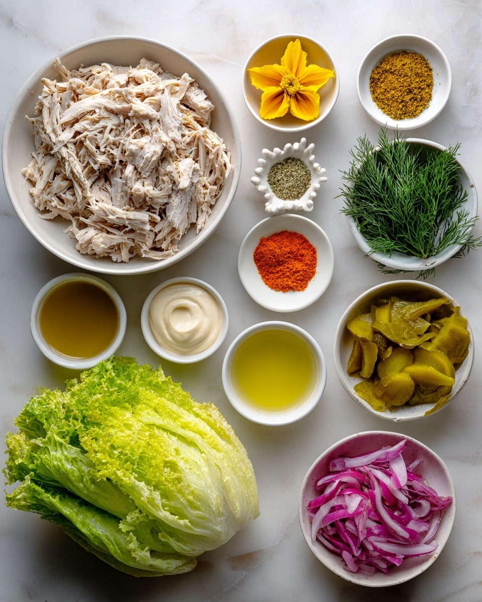 The image shows a flat lay of ingredients on a white marbled surface. In the middle, there is a white bowl filled with shredded cooked chicken with a light beige color. To the left of the bowl, there are six small white dishes arranged in two rows; the top row has a dish with yellow spice, a dish with granulated white salt, and a flower-shaped dish with yellow mustard. Below them are a bowl with an orange powder, a bowl with light green olive oil, and a bowl with creamy mayonnaise. Below these dishes, a large, fresh, bright green iceberg lettuce is placed. To the right of the chicken bowl, there are three small white bowls in a vertical line; the top one contains sliced yellow pickled peppers, the middle one has a bunch of fresh green dill, and the bottom one is filled with chopped red onions showing a mix of white and purple colors. Photo taken with an iphone --ar 4:5 --v 7