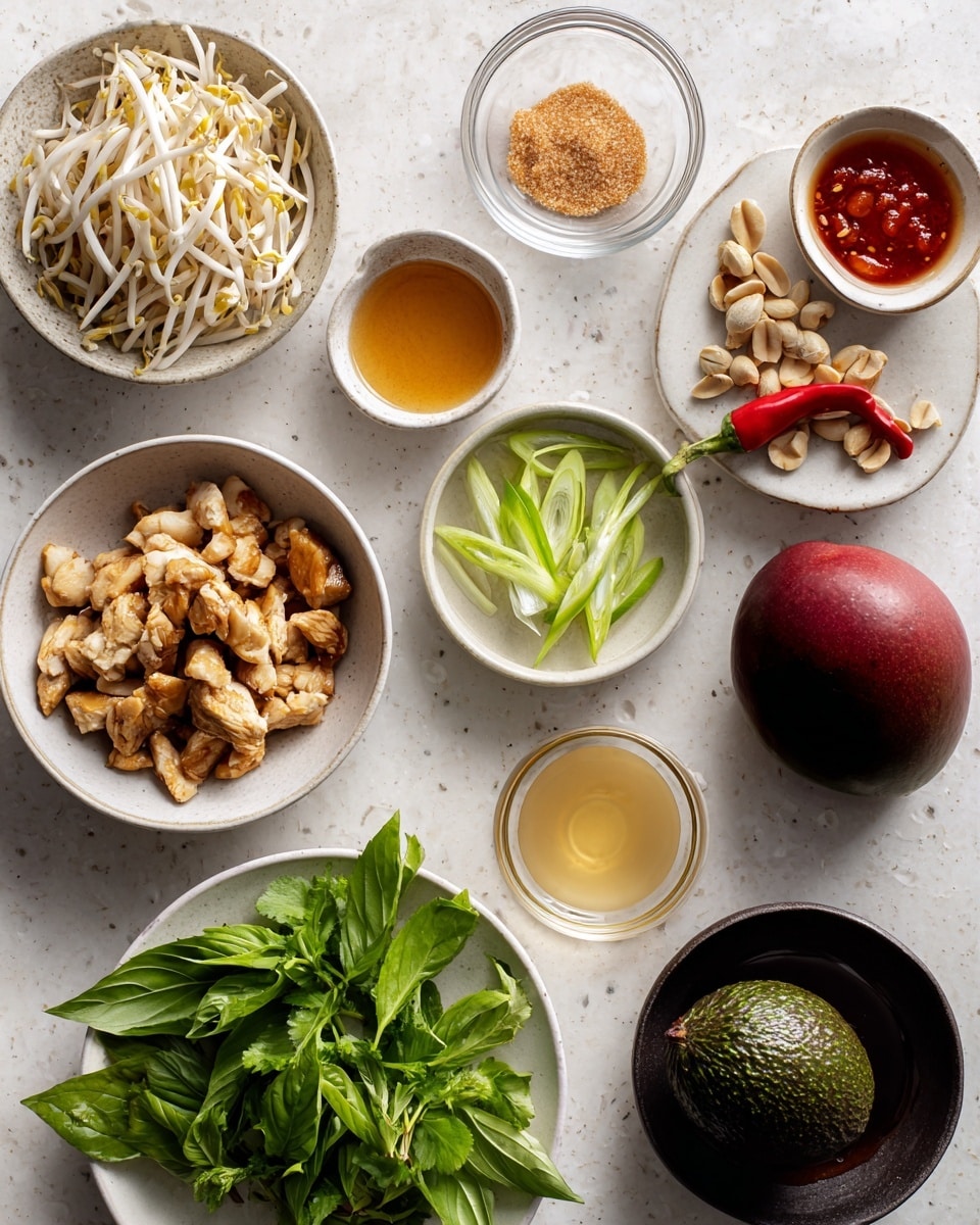 The image shows several ingredients set neatly on a white marbled surface, each in small white bowls or a white plate except for two bowls which are black and brown. There are five bowls: one with white bean sprouts, one with roasted peanuts, one with cooked chicken pieces, one with light salt, and one with thin green onion slices. A white plate holds fresh green basil and cilantro leaves with a single red chili pepper. Two small clear glass bowls contain light brown sugar and a golden brown liquid, while another white bowl holds a clear yellow liquid and a small white bowl has a red chili sauce. Two whole fruits, a deep red mango and a dark green avocado, rest in the center. The layout is clean and colorful, showing a mix of fresh and cooked ingredients ready for cooking photo taken with an iphone --ar 4:5 --v 7