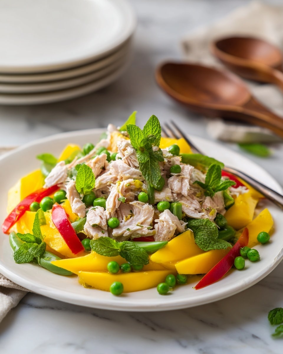 The image shows a white round plate filled with a colorful chicken salad. At the bottom layer are thin yellow mango slices and thin red bell pepper strips. On top of these are pieces of cooked chicken with a slightly light brown color and uneven texture. Green pea pods are scattered across the dish, adding a fresh touch. There are also fresh bright green mint leaves spread over the salad, adding height and vibrancy. The plate sits on a white marbled surface, with wooden salad spoons and a stack of white plates blurred in the background. Photo taken with an iphone --ar 4:5 --v 7