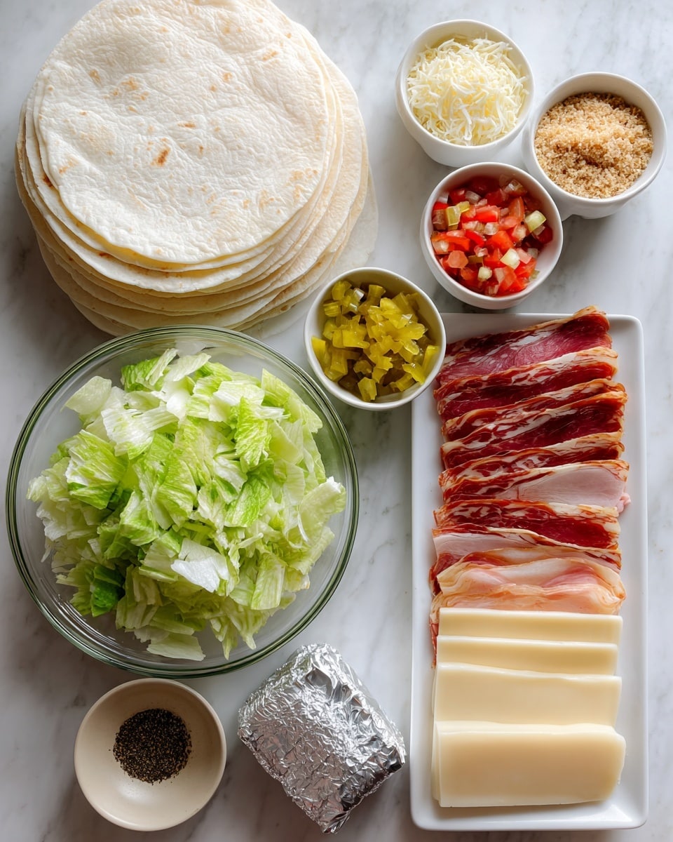The image shows ingredients for a sandwich or wrap arranged neatly on a white marbled surface. On the left, there is a stack of round white tortilla wraps, smooth and slightly soft. Above the tortillas is a clear glass bowl filled with chopped, fresh green lettuce, showing different shades of green and a leafy texture. To the right of the lettuce are four small white bowls, each containing different toppings: one bright yellow with diced pickles, one bright red with diced tomatoes or peppers, one with light brown breadcrumbs or seasoning, and one with finely grated pale yellow cheese. Beside these bowls, there is a small beige bowl with finely ground black pepper. Below the bowls is a silver-wrapped block of butter or cream cheese. On the far right, there is a white rectangular plate holding thin slices of meat and cheese arranged in overlapping rows; the meats have dark red and pink colors with a smooth, slightly shiny surface, while the cheese slices are pale yellow with a smooth texture. photo taken with an iphone --ar 4:5 --v 7