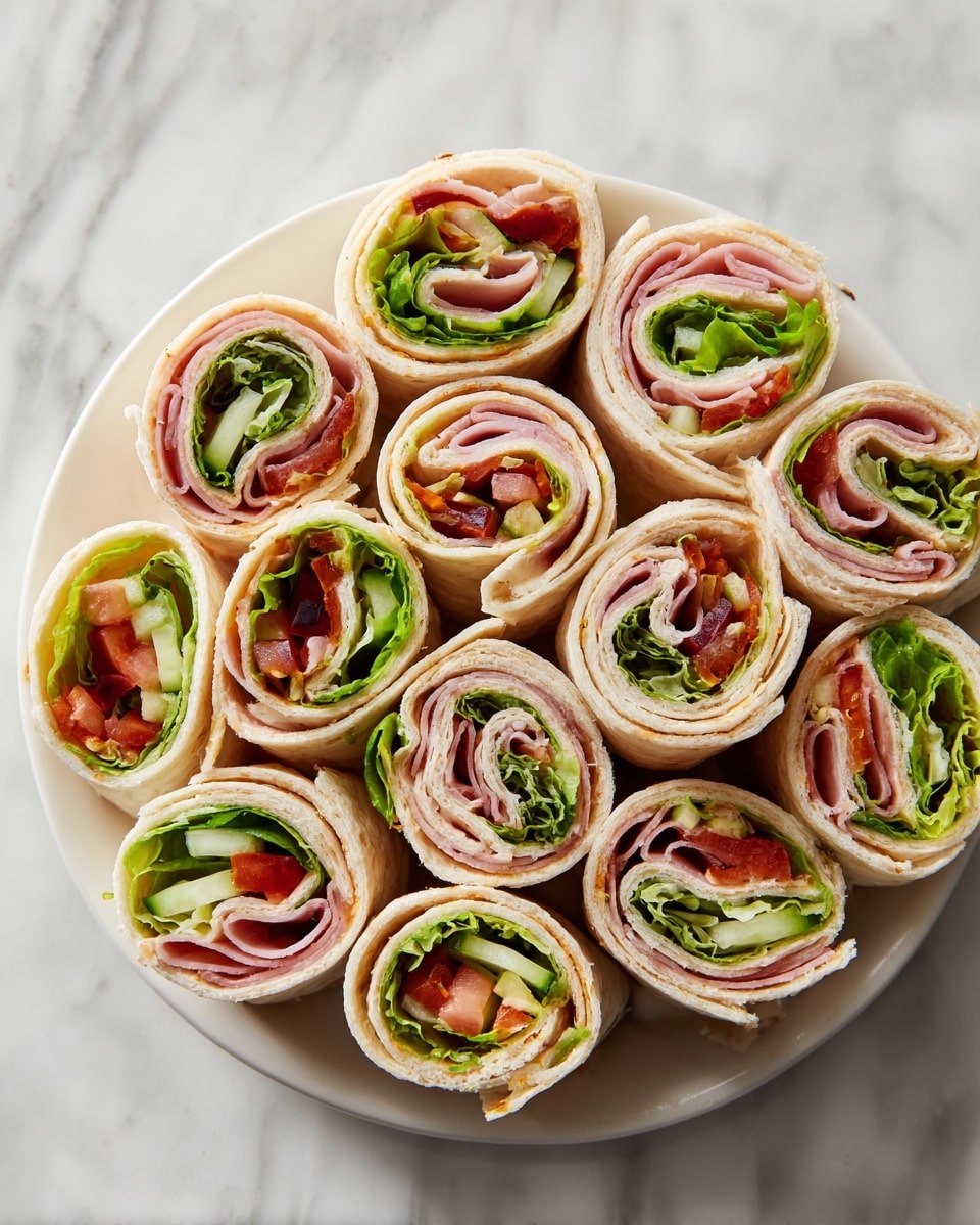 The image shows a white plate filled with multiple small wrap pinwheels, arranged closely together. Each pinwheel has several visible layers: the outermost layer is a light beige tortilla wrap, followed by thin slices of pink deli meat, then layers of green leafy lettuce and cucumber slices, with bits of red tomato inside. The textures show thin, soft, and fresh vegetables inside the neatly rolled tortilla pieces. The plate sits on a white marbled surface. Photo taken with an iphone --ar 4:5 --v 7