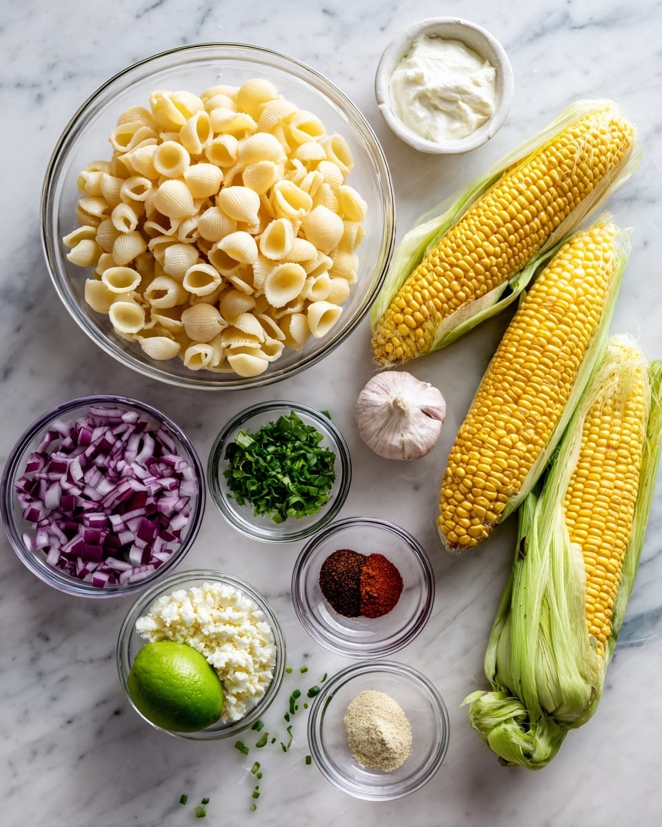 The image shows the ingredients for a dish neatly arranged on a white marbled surface. In the center, there is a clear bowl filled with pale yellow uncooked shell pasta. To the right, three fresh ears of yellow corn with green husks partially peeled back lie next to half a lime showing its bright green interior. Around the main bowl, several small clear bowls hold various ingredients: chopped red onions with purple and white layers, finely chopped green herbs, crumbled white cheese, minced garlic, and small amounts of bright red powder, light beige powder, coarse white salt, dark brown spice, zest of lime, and a white creamy substance in a larger bowl. The vibrant colors of the vegetables and spices contrast with the white marbled surface, creating a fresh and inviting look. Photo taken with an iphone --ar 4:5 --v 7