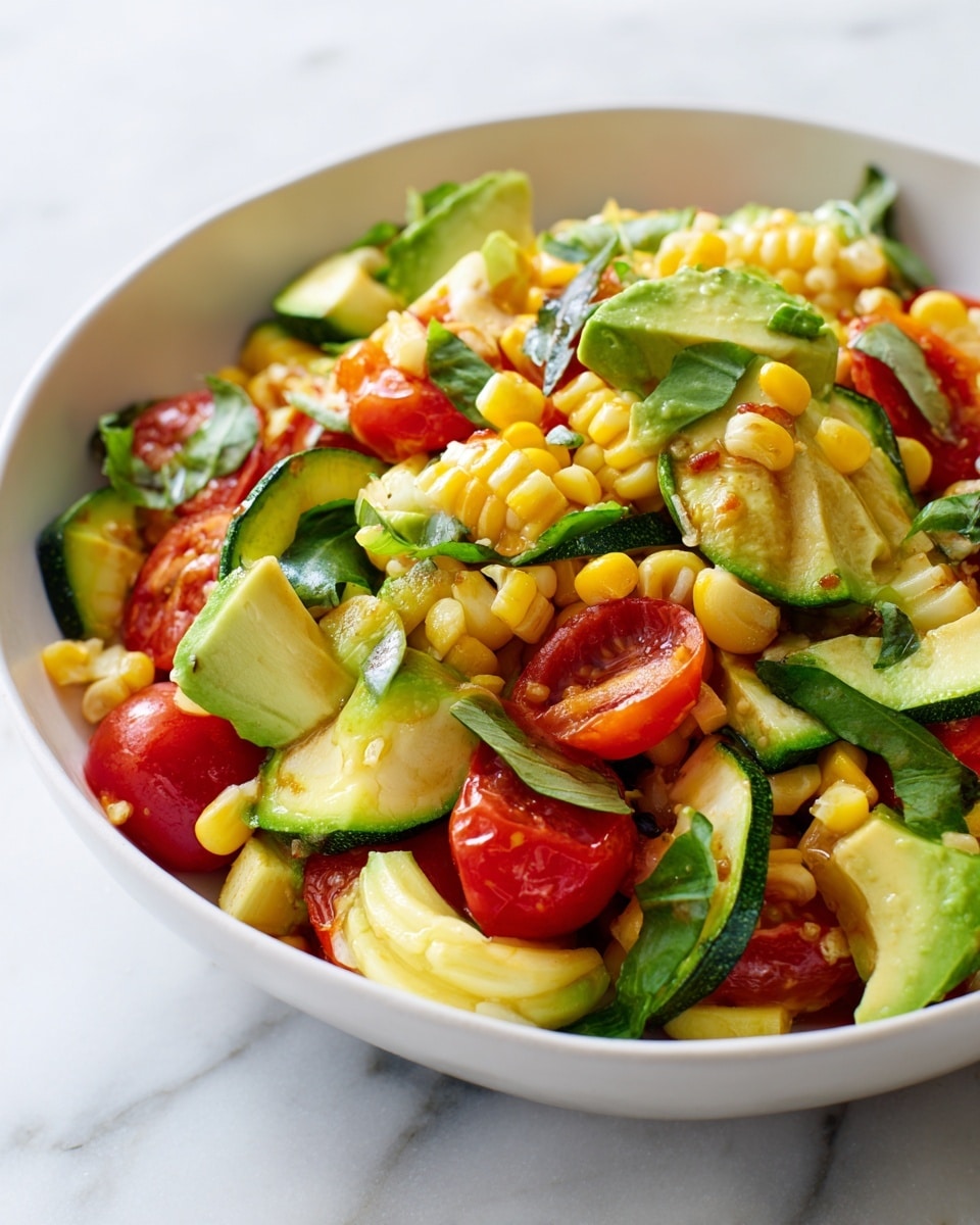 A white bowl filled with a colorful vegetable salad sits on a white marbled surface. The salad has several layers of different vegetables: bright yellow corn kernels scattered on top, green avocado slices arranged throughout, chunks of red tomato, and light yellow slices of zucchini. Each vegetable piece looks fresh and slightly shiny. The bowl is full but not overflowing, showing a nice mix of colors and textures from smooth avocado to soft tomatoes and slightly crisp corn. Photo taken with an iphone --ar 4:5 --v 7