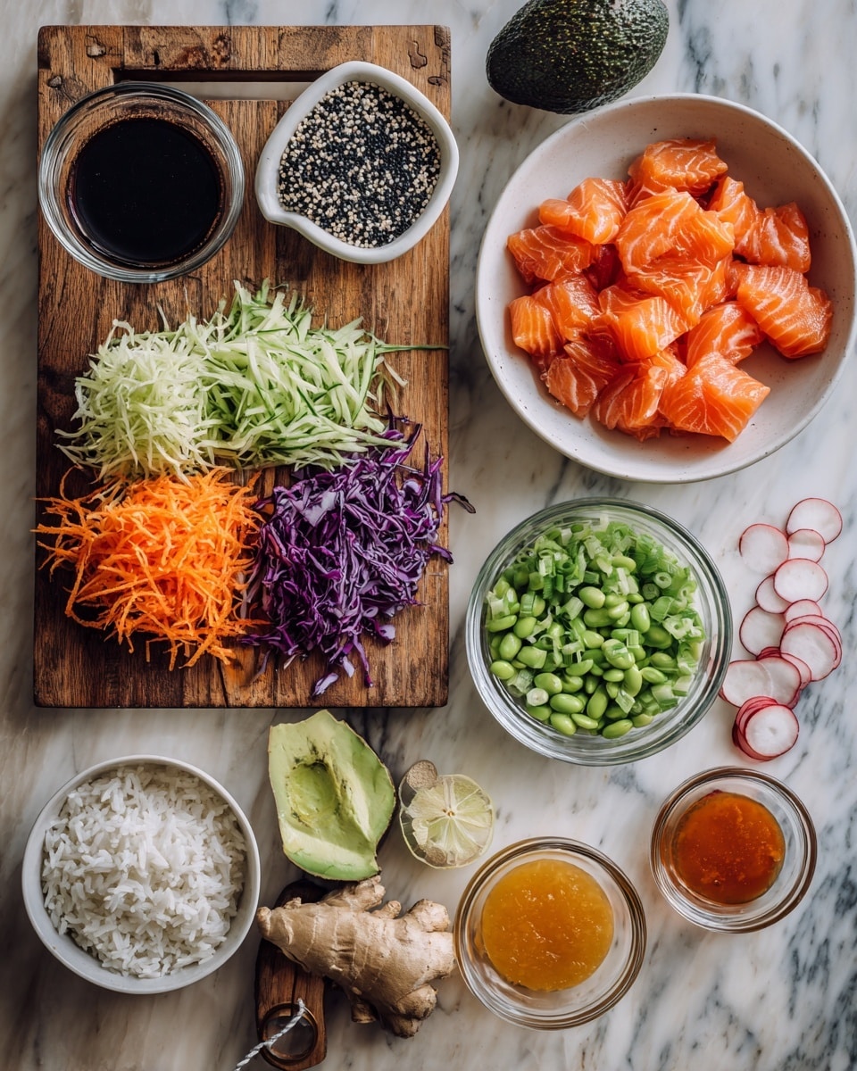 The image shows bowls and a wooden board with fresh ingredients arranged on a white marbled surface. There is one main white bowl in the center filled with bright orange pieces of raw salmon. To the right of this bowl, there are three smaller white bowls arranged vertically—one with sliced green onions, one with a mix of black and white sesame seeds, and below those, a transparent bowl filled with white rice. Above the central bowl, there is a small glass bowl with dark soy sauce next to a whole dark green avocado. To the left of the salmon bowl, there is a wooden board topped with shredded green cucumber, shredded orange carrot, and purple cabbage with a piece of fresh ginger root. Below the board, there are more small glass bowls filled with orange sauce, bright green edamame beans, thinly sliced light pink radish, and a reddish liquid. The whole scene is softly lit and neatly organized, showing fresh, colorful ingredients. Photo taken with an iphone --ar 4:5 --v 7
