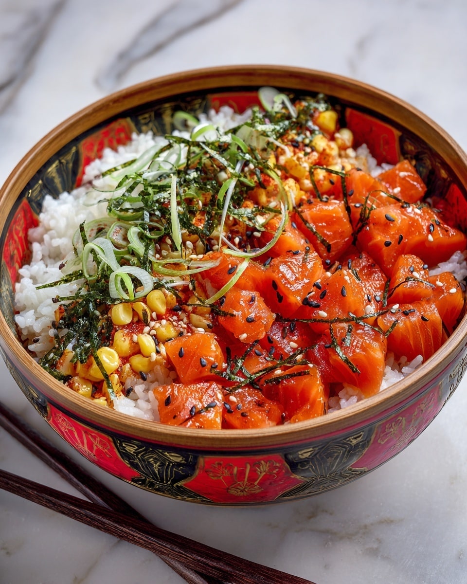 A colorful bowl with three main layers: the bottom layer has soft white rice, the middle layer shows shiny orange cubes of salmon mixed with golden corn and small bits of dark green herbs and toasted sesame seeds, and the top layer is decorated with thin, pale green strips of scallions. The bowl is round with a wooden look and brightly decorated inside with red, black, and gold patterns. Dark brown chopsticks rest beside the bowl on a white marbled surface. Photo taken with an iphone --ar 4:5 --v 7