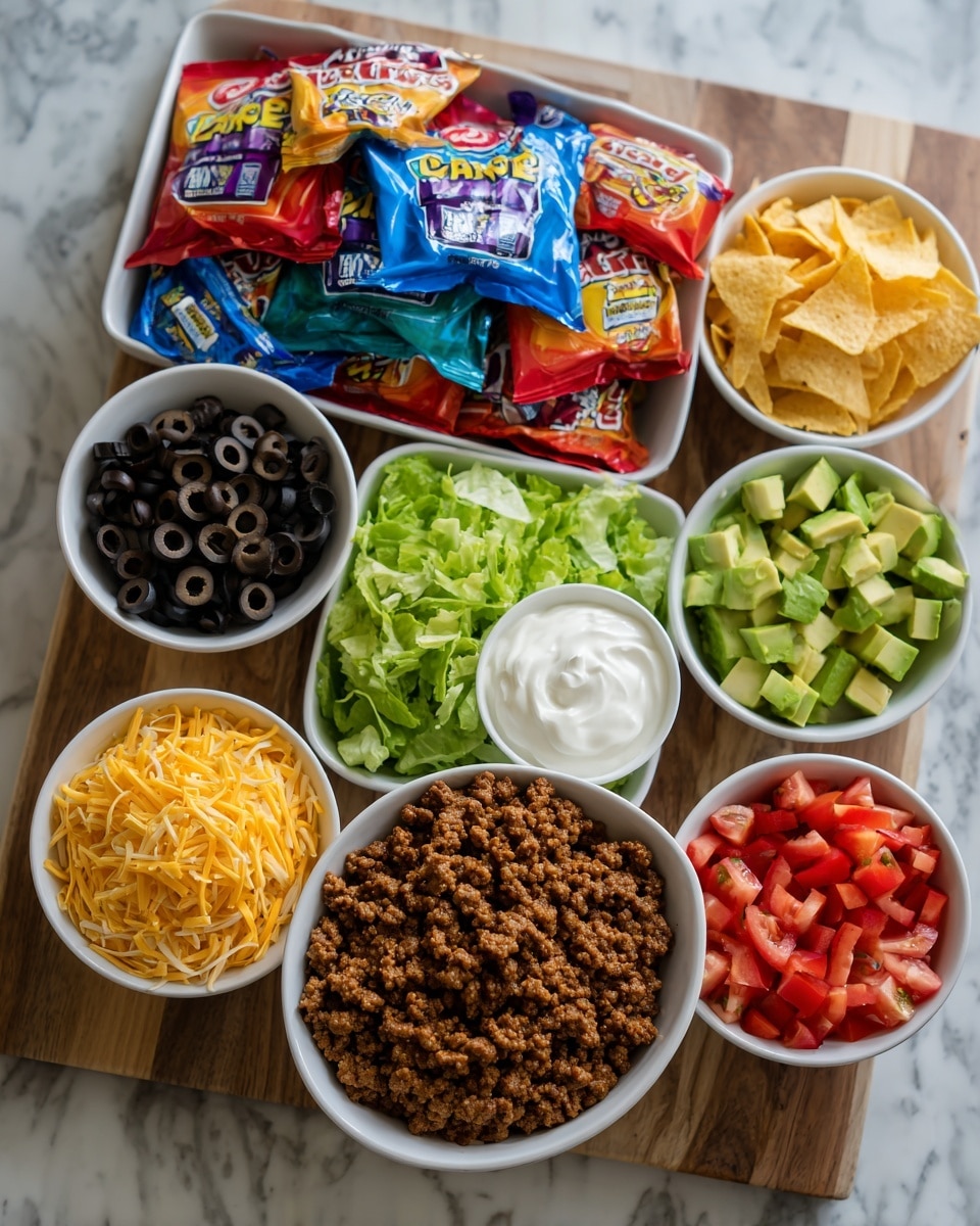 A large white square dish holds a mix of small red, blue, and yellow chip bags piled on each other, placed on a wooden surface. Around it, six small white bowls form a circle containing black olive slices, white sour cream, chopped green lettuce, diced red tomatoes, shredded yellow and white cheese, and cubed light green avocado. In the center of the circle is a larger white bowl filled with cooked brown ground meat. All items are spaced evenly and set on a white marbled surface. Photo taken with an iphone --ar 4:5 --v 7