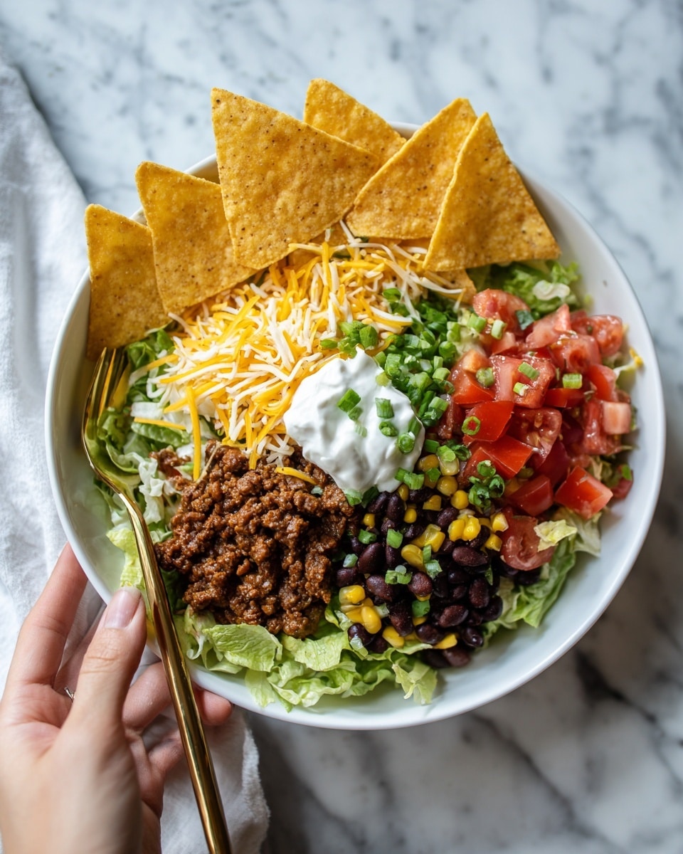 A white bowl on a white marbled surface filled with a layered taco salad. The bottom layer has shredded green lettuce, topped with a mixture of cooked ground beef and black beans. On top of this, there are chopped red tomatoes, corn kernels, and green chopped onions. Around the edges of the bowl are large triangular yellow corn tortilla chips placed upright. A dollop of white sour cream sits in the middle, and shredded yellow cheese is sprinkled over the salad. A woman's hand holds a golden fork resting in the bowl. Photo taken with an iphone --ar 4:5 --v 7