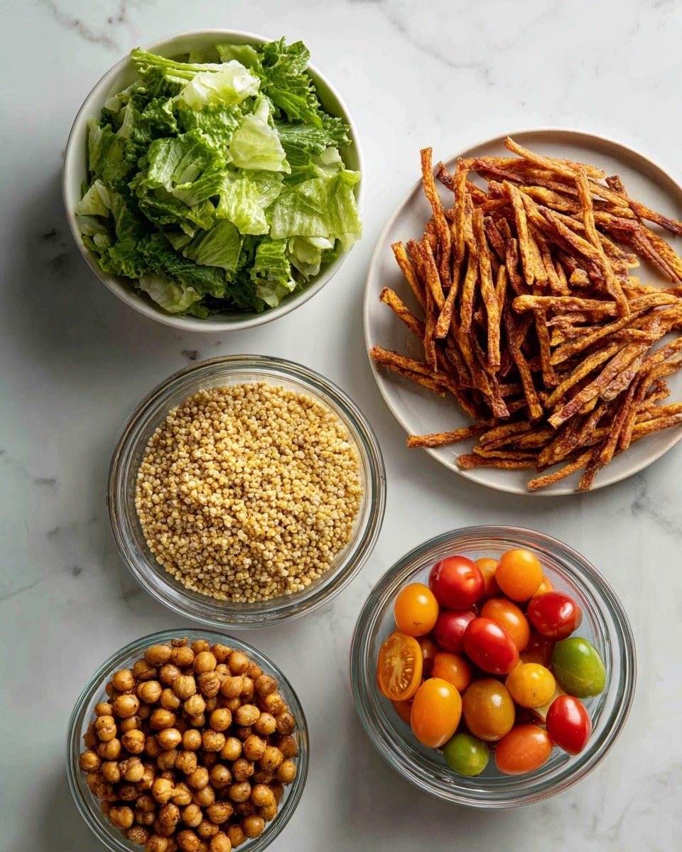 The image shows five bowls and plates arranged on a white marbled surface. On the top left, a white bowl is filled with fresh green lettuce leaves with a ruffled texture. Next to it on the right, a white plate holds many reddish-brown crispy strips stacked in a slightly haphazard way. Below the plate, a clear glass bowl contains light yellow fluffy grains that look like cooked quinoa. To the left of this, another clear glass bowl is filled with small round roasted chickpeas, colored dark golden brown. At the center near the top, a smaller clear glass bowl holds a mix of small colorful tomatoes in bright red, orange, and yellow, with smooth shiny skins. Photo taken with an iphone --ar 4:5 --v 7