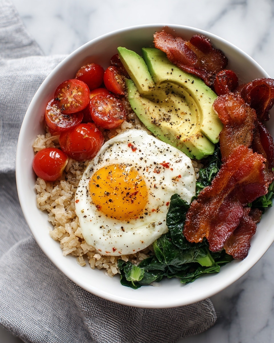 A white bowl on a white marbled surface holds a colorful meal with several layers. At the bottom, there is a bed of light brown rice. On top of the rice, a layer of green leafy vegetables and sliced avocado adds fresh color. Bright red cherry tomatoes are scattered around, some whole and some slightly juicy. A cooked egg with a bright white edge and a runny yellow yolk is placed near the center. Pieces of crispy cooked bacon add a reddish-brown crunch to the dish. Seasoned with black pepper, the meal looks fresh and inviting. Photo taken with an iphone --ar 4:5 --v 7