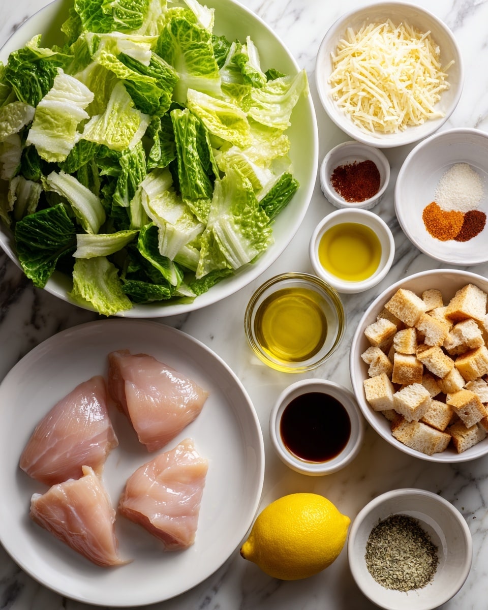 A white plate holds three raw light pink chicken pieces positioned on the bottom left. Above it is a large white bowl filled with bright green chopped romaine lettuce with visible light green and darker green leaves. Around the plate and bowl, small white bowls and dishes contain various ingredients: golden olive oil, chopped garlic, light yellow creamy mayonnaise, dark soy sauce, orange-red paprika powder, black cracked pepper, pale yellow shredded cheese, white salt, light beige granulated seasoning, and many golden brown croutons in a white bowl. A halved lemon with bright yellow skin and pale yellow inside is placed near the lettuce bowl on a white marbled surface. The items are neatly arranged with even spacing. photo taken with an iphone --ar 4:5 --v 7