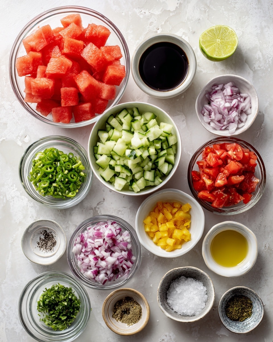 The image shows many small white bowls and clear glass bowls arranged on a white marbled surface, each holding different fresh ingredients. On the left side, a clear bowl holds bright red watermelon cubes with a juicy texture. Near the middle, a white bowl is filled with diced green cucumber, while another white bowl beside it has chopped red tomatoes. Small white and clear bowls hold finely chopped red onion, minced garlic, yellow bell pepper pieces, lime slices, olive oil, dark balsamic liquid, chopped green herbs, and diced green chili pepper. There are also small bowls with white salt and black pepper, along with a little dish of lime zest. The colors are fresh and vibrant, creating a crisp and clean look. photo taken with an iphone --ar 4:5 --v 7