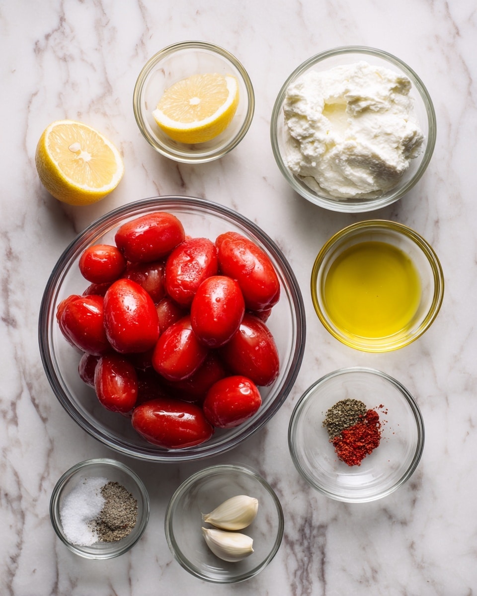 The image shows a white marbled surface with six glass bowls neatly arranged in a circle. At the center is a bowl filled with bright red tomatoes, peeled and whole. Surrounding it are five smaller bowls: one with thick white cream cheese, another with light yellow olive oil, one with plain white salt, black pepper, and red chili flakes mixed together, a clear one with a small clove of garlic, and the last holds thick white ricotta cheese. Two lemon halves are placed above the bowls. Photo taken with an iphone --ar 4:5 --v 7