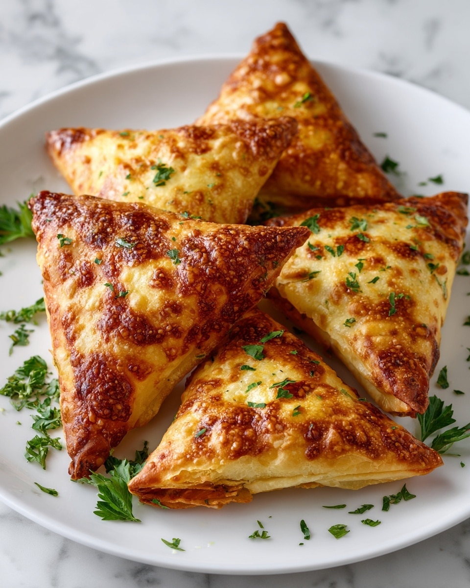 The image shows five golden brown triangular pastries with a crispy, flaky texture on a white plate. Each triangle has a slightly uneven surface with small browned spots and hints of green herbs like parsley peeking out around the edges and scattered on the plate. The plate rests on a white marbled surface, which adds a clean, bright background to the warm-toned pastries. photo taken with an iphone --ar 4:5 --v 7