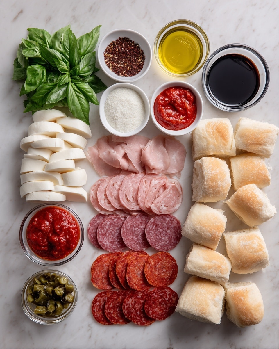 A white marbled surface shows several rows of sandwich ingredients laid out in neat lines. From left to right, there is a small pile of green basil leaves, next to a small white bowl filled with a dark red spice, followed by slices of pale white mozzarella cheese stacked in a curved pile. Next to that are three types of meat arranged in even rows: light pink ham, marbled white and red cured meat, and round slices of darker red salami. Above these ingredients are small clear glass bowls, holding bright red sauce, golden olive oil, coarse black pepper, dark balsamic vinegar, salt, and a jar of green pickled peppers. On the far right, there are several square white rolls, some whole and some cut open showing a soft, airy inside. Photo taken with an iphone --ar 4:5 --v 7