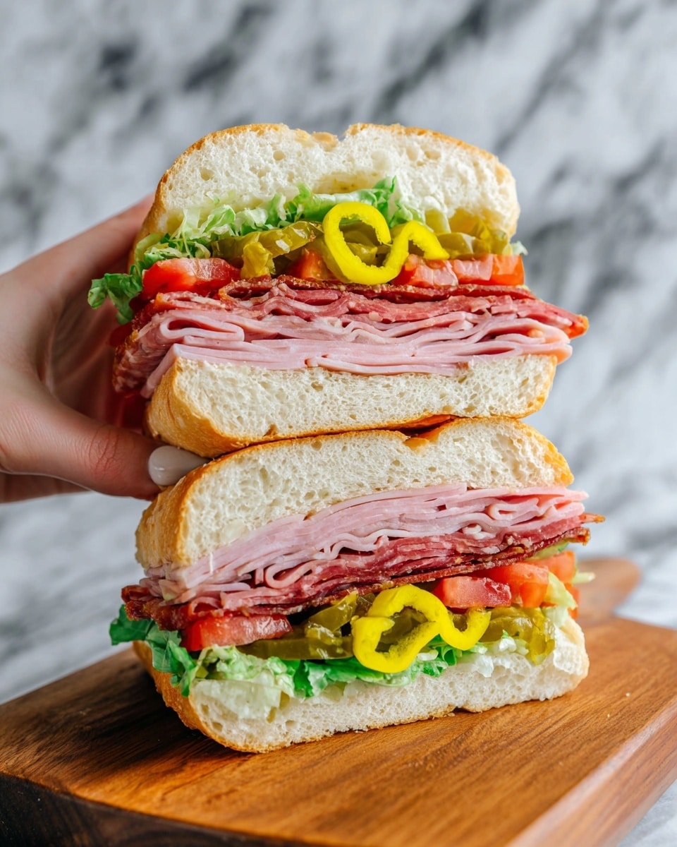 The image shows a sandwich cut in half resting on a wooden board, with a woman's hand holding the left half. Each half features a white soft bread roll with a lightly golden crust. Inside, the bottom layer has thin slices of pink ham. Above that, there is a layer of reddish cured meat, followed by green lettuce and slices of tomato. On top, there are bright yellow banana pepper rings, providing contrast in color and texture. The sandwich fillings are thick and neatly stacked inside the soft bread. The background surface is a white marbled texture. Photo taken with an iphone --ar 4:5 --v 7