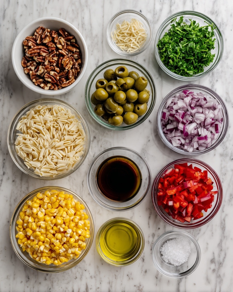 The image shows an overhead view of nine small bowls and dishes on a white marbled surface, each filled with ingredients ready to be used. Starting from the top left corner, there is a white bowl filled with chopped pecans, next to it a clear glass bowl with uncooked orzo pasta, followed by a white bowl containing fresh chopped green herbs like parsley. Below these, from left to right, are a clear glass bowl with sliced green olives, a white bowl with finely chopped red onions, and a clear glass bowl heaped with chopped red bell peppers. At the bottom left is a clear glass bowl full of bright yellow corn kernels, and to the right, three small clear dishes contain a golden oil, a dark brown liquid like balsamic vinegar or soy sauce, and a few white salt crystals. The dishes are neatly arranged with clear separation on the patterned surface. Photo taken with an iphone --ar 4:5 --v 7
