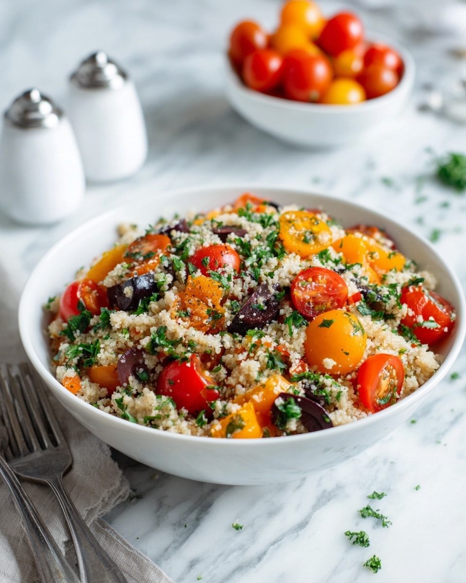 A white bowl filled with a colorful mix of grains and vegetables. The base layer is light brown rice or couscous with a soft texture, topped with scattered bright red cherry tomato halves. There are also chopped green herbs, like parsley, spread evenly throughout. Small pieces of black olives add contrast to the dish, along with tiny bits of orange bell pepper. The bowl has a few white salt and pepper shakers and a white bowl of whole cherry tomatoes blurred in the background, all placed on a white marbled surface. A metal fork lies next to the bowl on the left side. Photo taken with an iphone --ar 4:5 --v 7