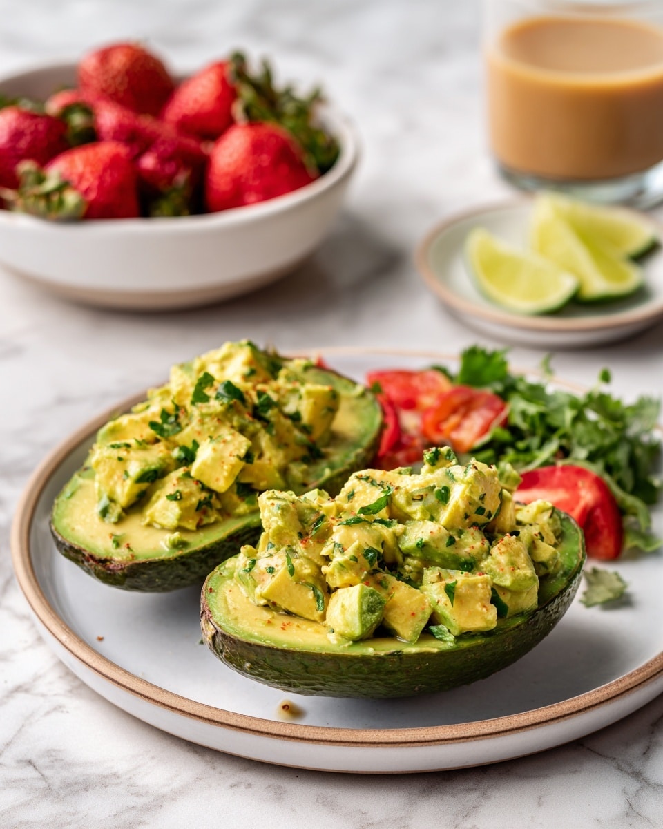 The image shows two avocado halves placed side by side on a white plate with a light brown rim, each filled with a chunky mixture of light yellow-green salad made of small pieces mixed with green herbs. To the right of the avocados, there is a small side salad that includes half slices of red tomatoes and green leafy vegetables. In the background, slightly out of focus, there is a white bowl filled with bright red strawberries and a small white plate with lime wedges. Behind them, there is a short glass with a light brown drink. The setup is on a white marbled surface. Photo taken with an iphone --ar 4:5 --v 7