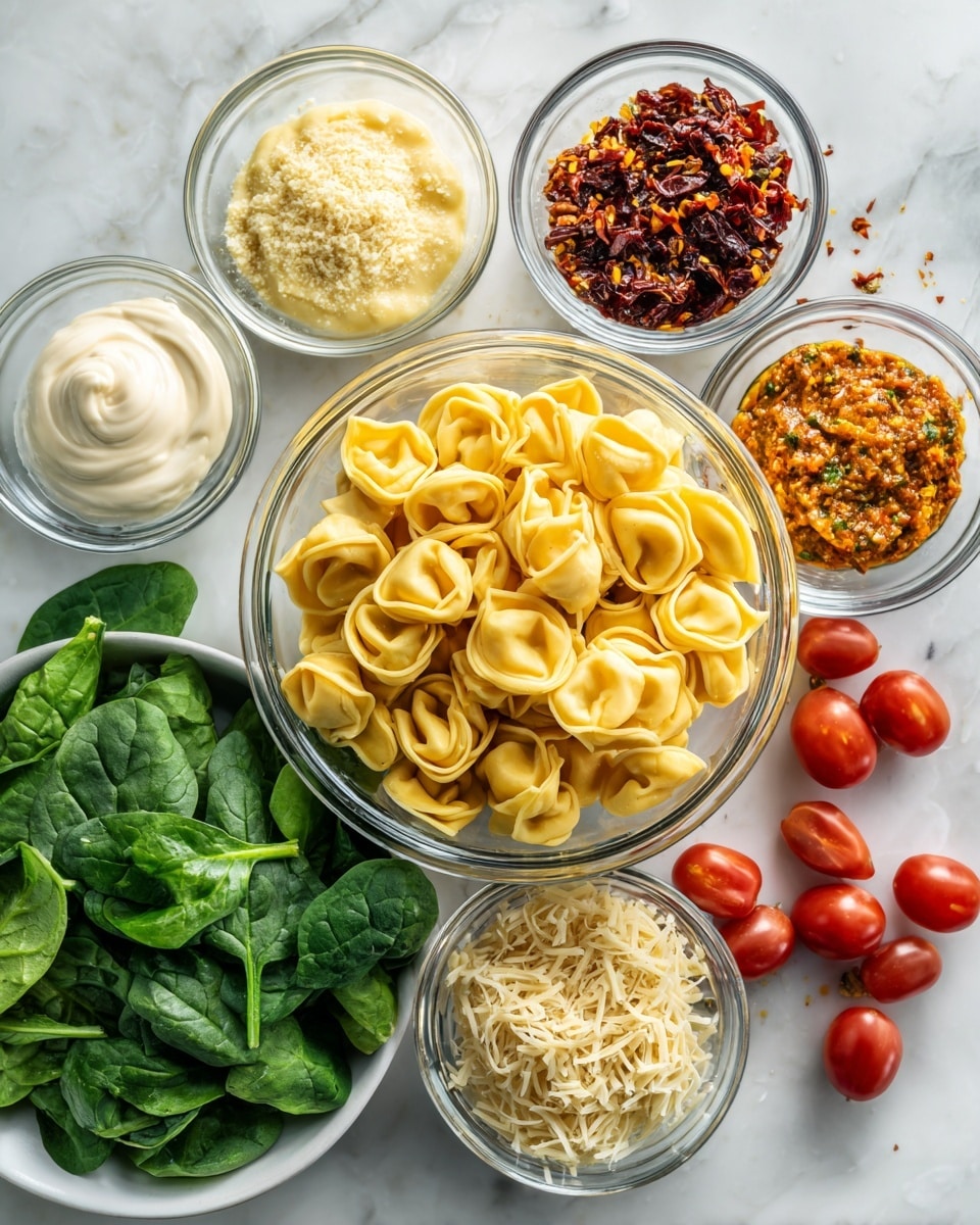A clear glass bowl filled with a pile of yellow tortellini pasta sits at the center, surrounded by seven small white bowls arranged in a curved line below it and fresh green spinach leaves to the left. From left to right, the bowls contain a white cream sauce, a pale yellow mayonnaise-like sauce, a light dusting of grated Parmesan cheese, an orange-yellow sauce with red chili flakes, dark sun-dried tomatoes soaked in oil, a light brown sauce with herbs and spices, and finely shredded pale yellow cheese. Scattered around the bowls are vibrant red cherry tomatoes on a white marbled surface photo taken with an iphone --ar 4:5 --v 7