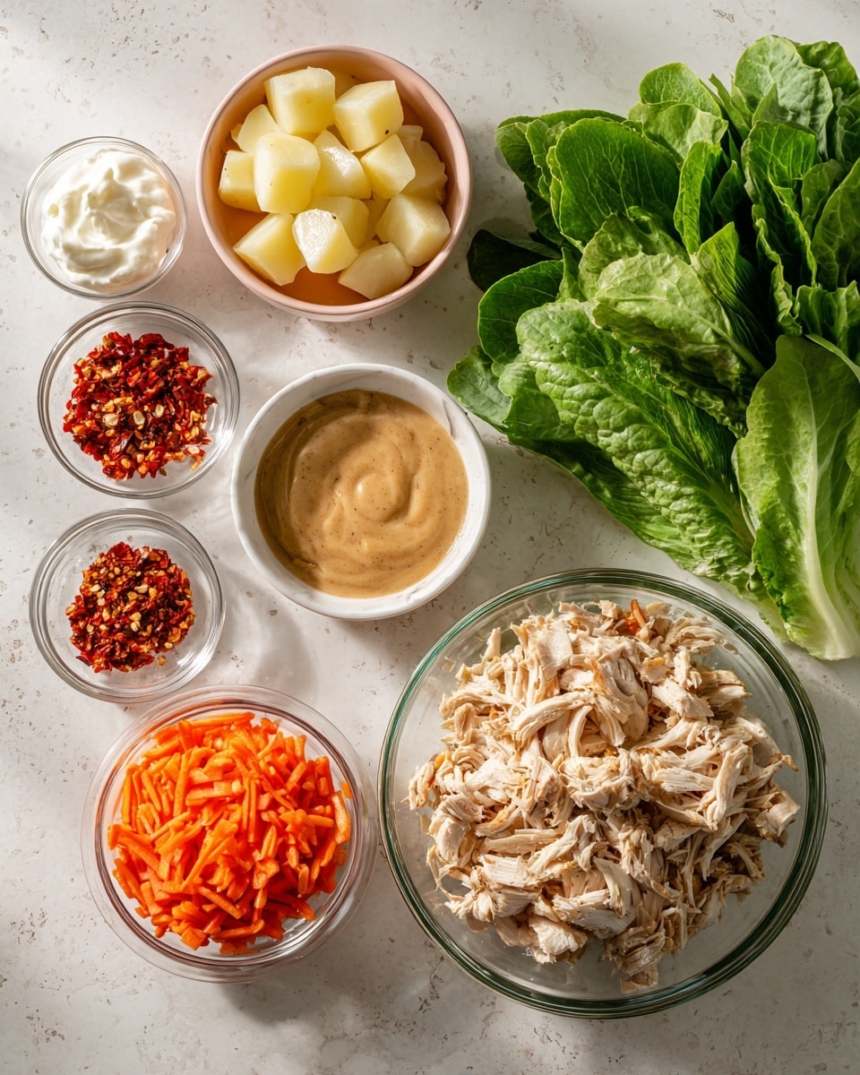 The image shows seven layers of ingredients arranged in bowls and a leafy bunch on a white marbled surface. The largest layer, at the bottom right center, is a glass bowl filled with shredded light brown and white cooked chicken. Above it, slightly right, is a white bowl with a light brown sauce that looks smooth. To the left of that sauce, there is a small glass bowl of white creamy sour cream. Above the chicken bowl, a pale pink bowl holds diced pale yellow potatoes. Above the diced potatoes is a small clear glass bowl with red chili flakes. On the far left, a clear glass bowl is filled with bright orange shredded carrots. Below that bowl, on the bottom left, is a large bunch of bright green leafy lettuce. The scene is neat and clean, with bright natural light and soft shadows. Photo taken with an iphone --ar 4:5 --v 7