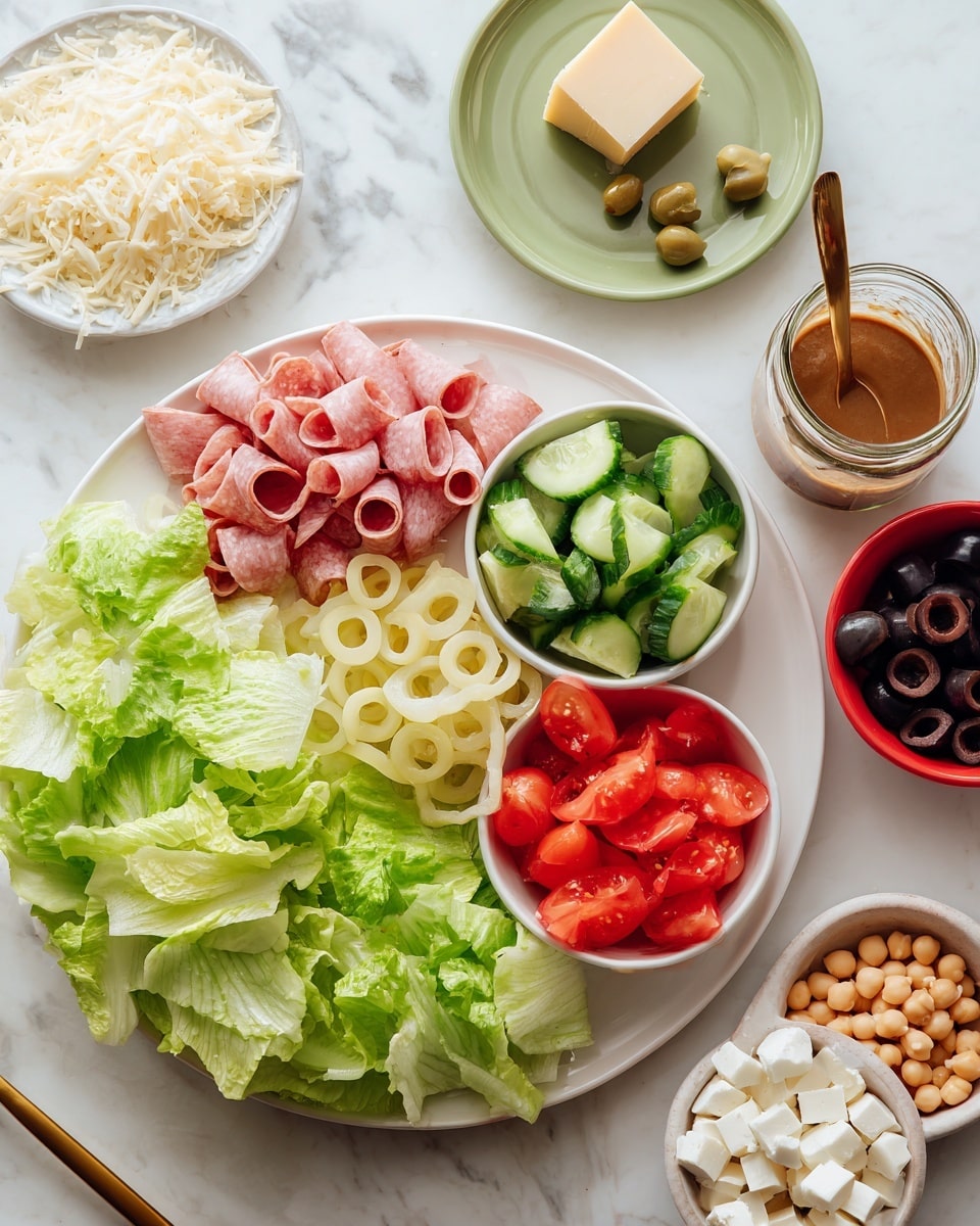 The image shows a white plate filled with chopped green lettuce as the base layer, spreading across most of the plate. On top of the lettuce, there are six small bowls placed around the edges: one with sliced pink salami strips, one with light yellow pepper rings, one with green cucumber pieces, one with bright red tomato wedges, one with dark black olive slices, and one with small beige chickpeas, not directly on the plate but nearby on the white marbled surface. To the side, there is a small green plate with a block of pale yellow cheese and some grated cheese around it, a red bowl filled with small white cheese cubes, and a jar with brown dressing and a gold spoon inside. The background is a white marbled surface, and the photo has a clean, bright look. Photo taken with an iphone --ar 4:5 --v 7