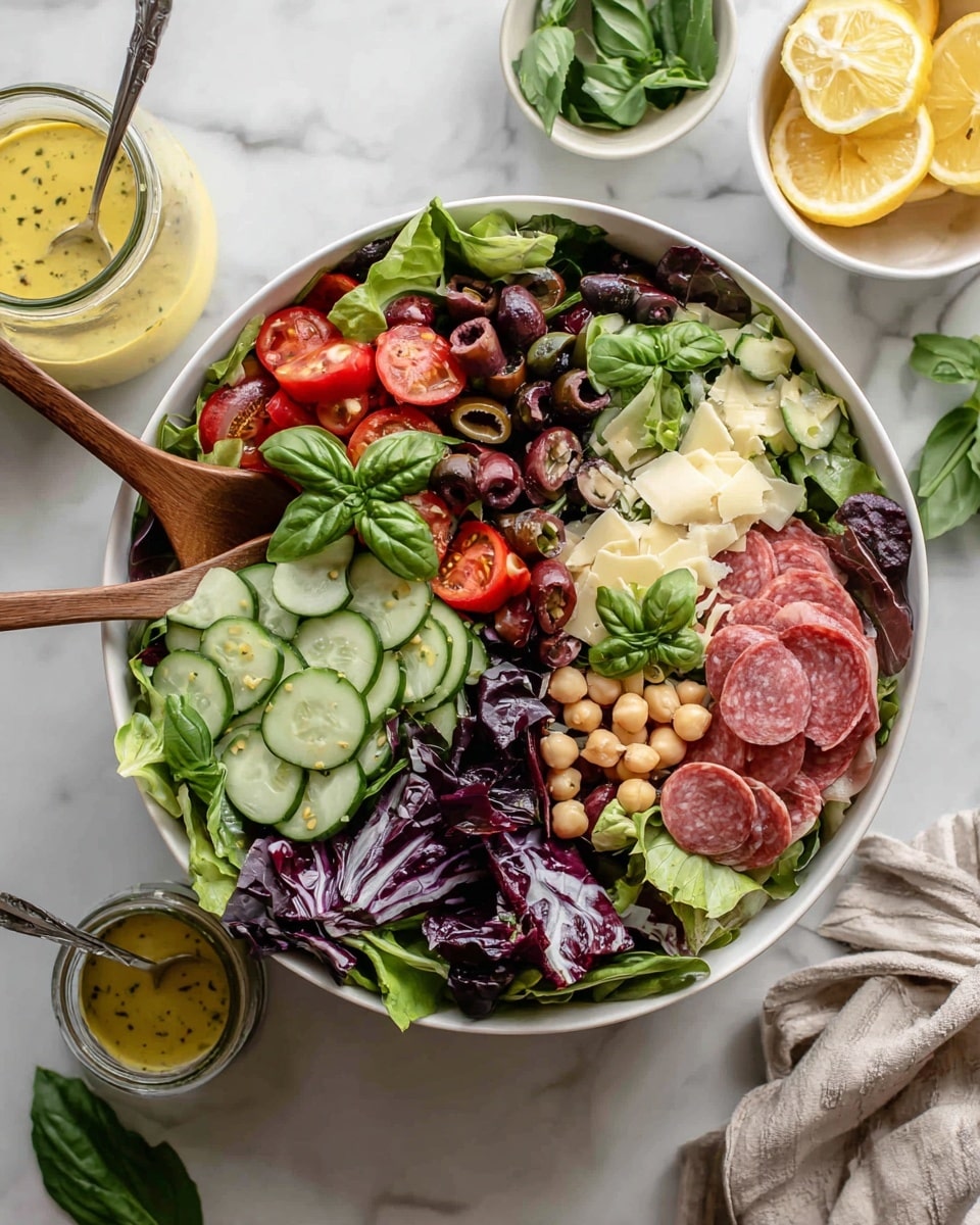 A large white bowl full of fresh salad sits on a white marbled surface. The salad has many layers: the base is green and purple leafy lettuce with some slices of cucumber around the middle. On top, there are halved cherry tomatoes showing bright red inside, slices of black olives, thin strips of pink salami, scattered light beige chickpeas, and small pieces of pale yellow cheese. Fresh green basil leaves are spread on top. Two wooden salad spoons rest inside the bowl, one on each side. In the background, a small white bowl holds lemon wedges, and beside it, a glass jar contains a yellow mustard-style dressing with a spoon inside. Another small white dish with green basil leaves is also nearby. Photo taken with an iphone --ar 4:5 --v 7