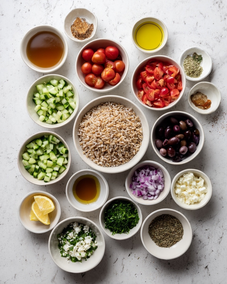 A top-down view of various small white bowls arranged on a white marbled surface, each filled with different ingredients. In the center is a bowl with light brown grains, surrounded by smaller bowls with chopped green cucumber, red cherry tomatoes, black olives, finely chopped purple onion, green herbs, white cheese, golden honey, yellow lemon, brown spices, and a light brown liquid broth. The colors are bright and fresh, with the bowls creating a neat circular pattern. Photo taken with an iphone --ar 4:5 --v 7