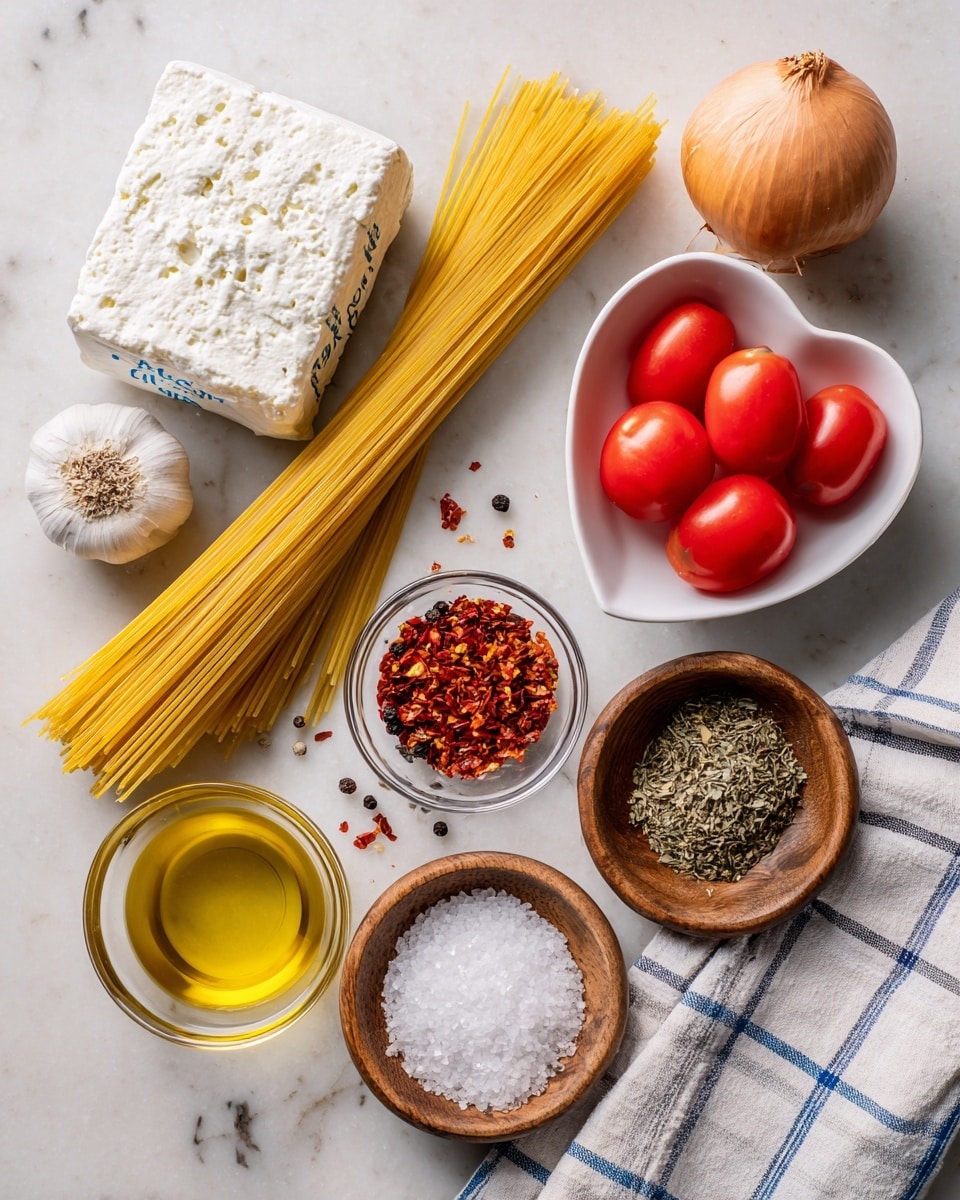 A white marbled surface holds a spread of cooking ingredients arranged neatly: in the center is a bundle of uncooked yellow spaghetti lying straight; to the top right, a white bowl shaped like a teardrop holds three peeled, red tomatoes; near it is a block of wrapped white goat cheese with blue labeling; below the cheese is a small clear bowl filled with red chili flakes; to the bottom right is a small wooden bowl of coarse white salt; near the bottom left, a small glass bowl contains golden olive oil; above it, a wooden dish has green dried oregano; next to it, a whole white garlic bulb lies; above the garlic is a wooden bowl with whole black peppercorns; a large whole light brown onion is at the top left; a white and blue checked cloth is placed at the bottom right corner of the image; small sprinkles of red chili and dried herbs are scattered casually over the surface; photo taken with an iphone --ar 4:5 --v 7