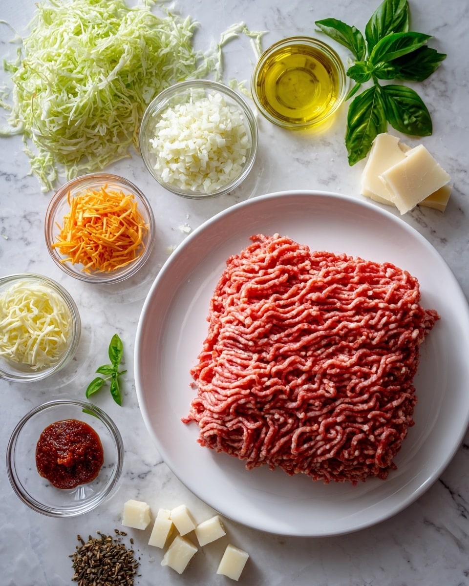 The image shows a white round plate in the center with a block of raw ground meat laid flat with thin lines running across it. Around the plate, there are small clear bowls filled with different ingredients: bright orange shredded vegetables, finely chopped white onions, light green shredded cabbage, minced light-colored garlic, a small pile of dark brown seeds or spices, and a textured dark red sauce. There are also some cheese wedges and scattered white cubes nearby, along with a small glass bowl with golden yellow oil and fresh green basil leaves. All items are placed neatly on a white marbled surface. photo taken with an iphone --ar 4:5 --v 7
