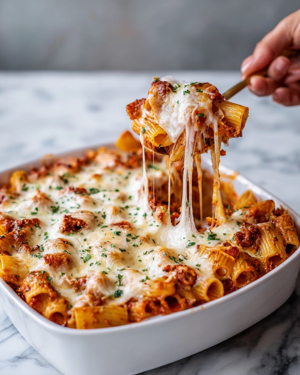A white pan filled with a baked pasta dish showing two clear layers: the bottom layer with rigatoni pasta mixed with a reddish-orange sauce and pieces of vegetables and meat, topped by a thick, melted white cheese layer with small browned spots and sprinkled with finely chopped green herbs. A woman's hand is holding a spoon lifting a portion of pasta covered in sauce and cheese, showing the melted texture stretching from the pan. The pan rests on a white marbled surface photo taken with an iphone --ar 4:5 --v 7
