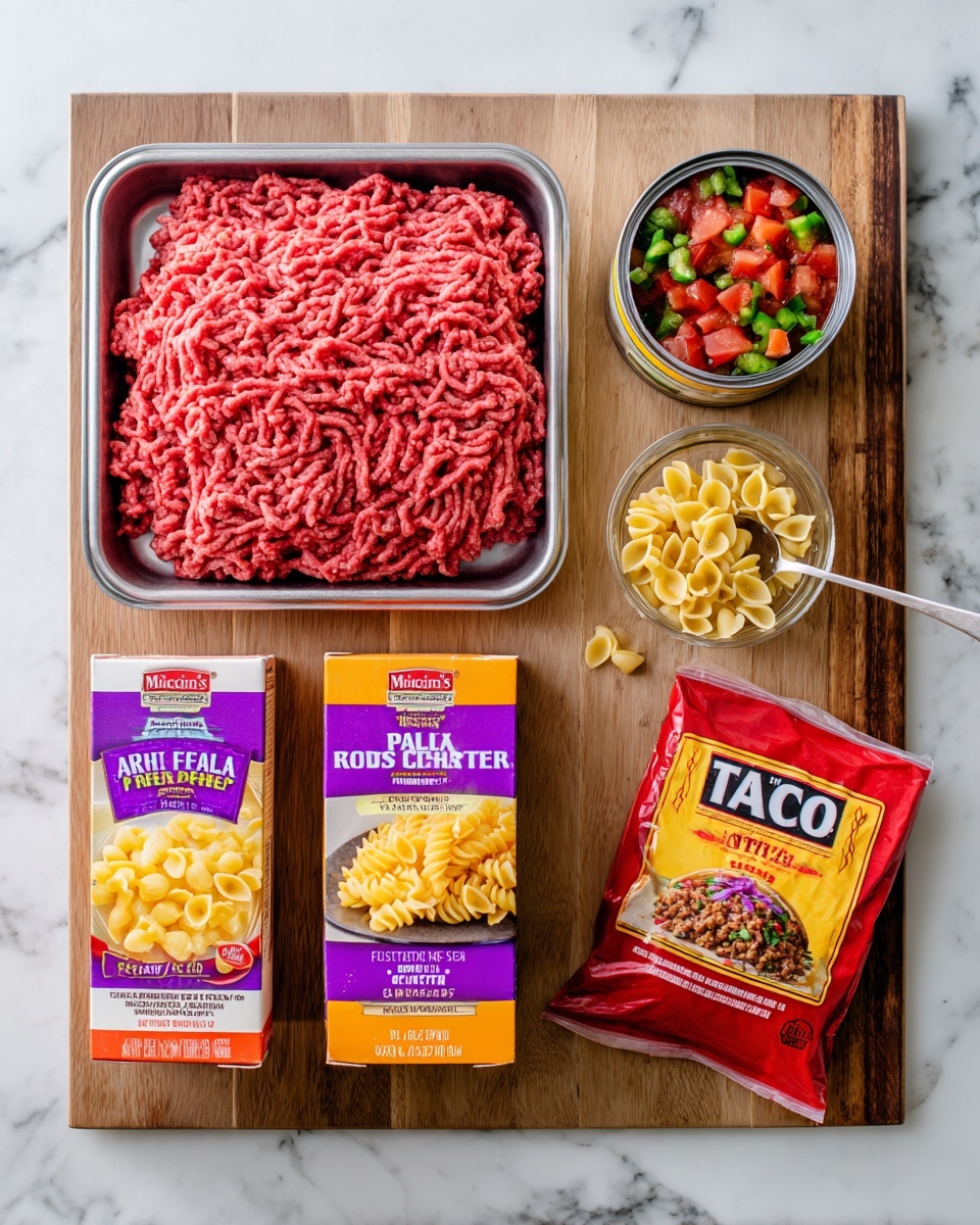 The image shows a wooden cutting board with five main items arranged on it. On the top left is a tray filled with bright red raw ground meat with a smooth, curly texture. To the right of the meat is a silver can of diced tomatoes with green chilies, featuring a colorful label with yellow, red, and green accents. Below the meat tray are two boxes of Annie's Real Aged Cheddar pasta, with purple and orange colors and a spoonful of cheese shell pasta pictured on the front. Next to the boxes on the right side of the image, below the can, is a small empty glass cup. On the bottom right corner is a red McCormick Original Taco seasoning packet showing seasoned taco meat and taco shells on the packaging. All items are placed on a white marbled textured surface photo taken with an iphone --ar 4:5 --v 7