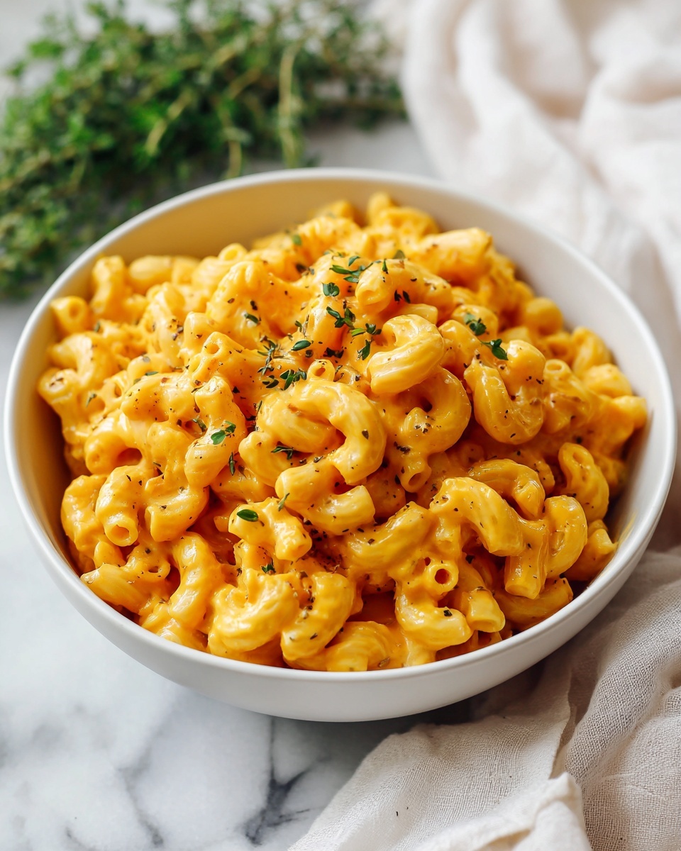 A white bowl filled with small elbow macaroni pasta mixed in a creamy orange sauce, with some green herbs sprinkled on top for garnish. The pasta looks soft and has a smooth texture, and the sauce evenly coats each piece. The bowl sits on a white marbled surface with a soft white cloth and some green leafy herbs blurred in the background. The overall look is warm and inviting. Photo taken with an iphone --ar 4:5 --v 7