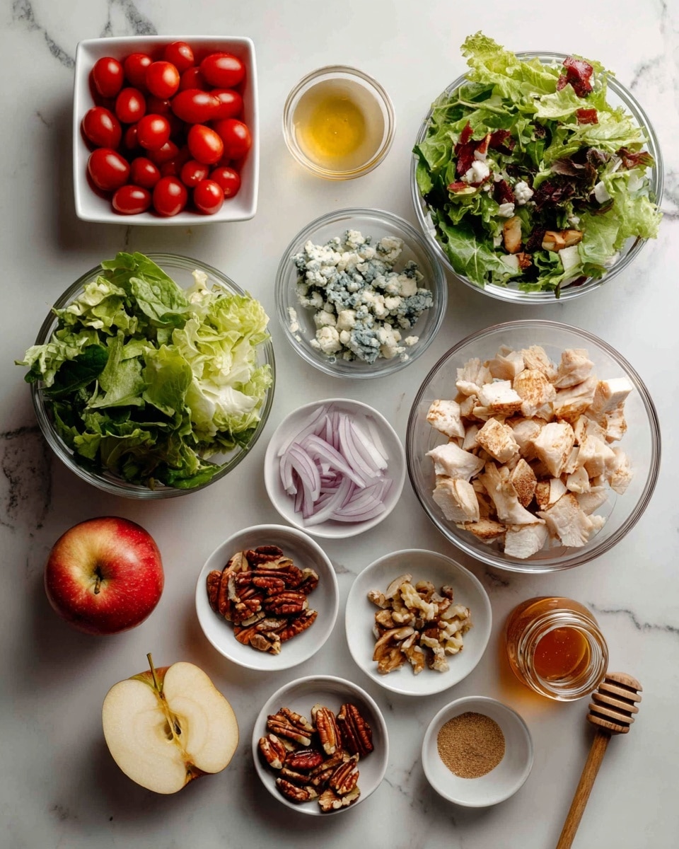 The image shows many small bowls and containers arranged on a white marbled surface. At the top left, there is a white square bowl filled with halved red cherry tomatoes. Next to it, a clear glass bowl contains mixed green leafy salad. To the right, another clear glass bowl has chopped light-colored chicken pieces. Below these, a small white bowl holds blue cheese crumbles, and another white bowl with sliced red onions beside it. Below that, there is a cluster of small white bowls holding various ingredients: chunks of dried apple, pecan nuts, light brown sugar, two types of powdery spices, mustard, and two small containers with golden liquids, likely oils or dressings. A red apple and a jar of honey with a wooden dipper are also present on the surface. The arrangement is neat and the textures range from soft leafy greens to crunchy nuts and smooth liquids. Photo taken with an iphone --ar 4:5 --v 7
