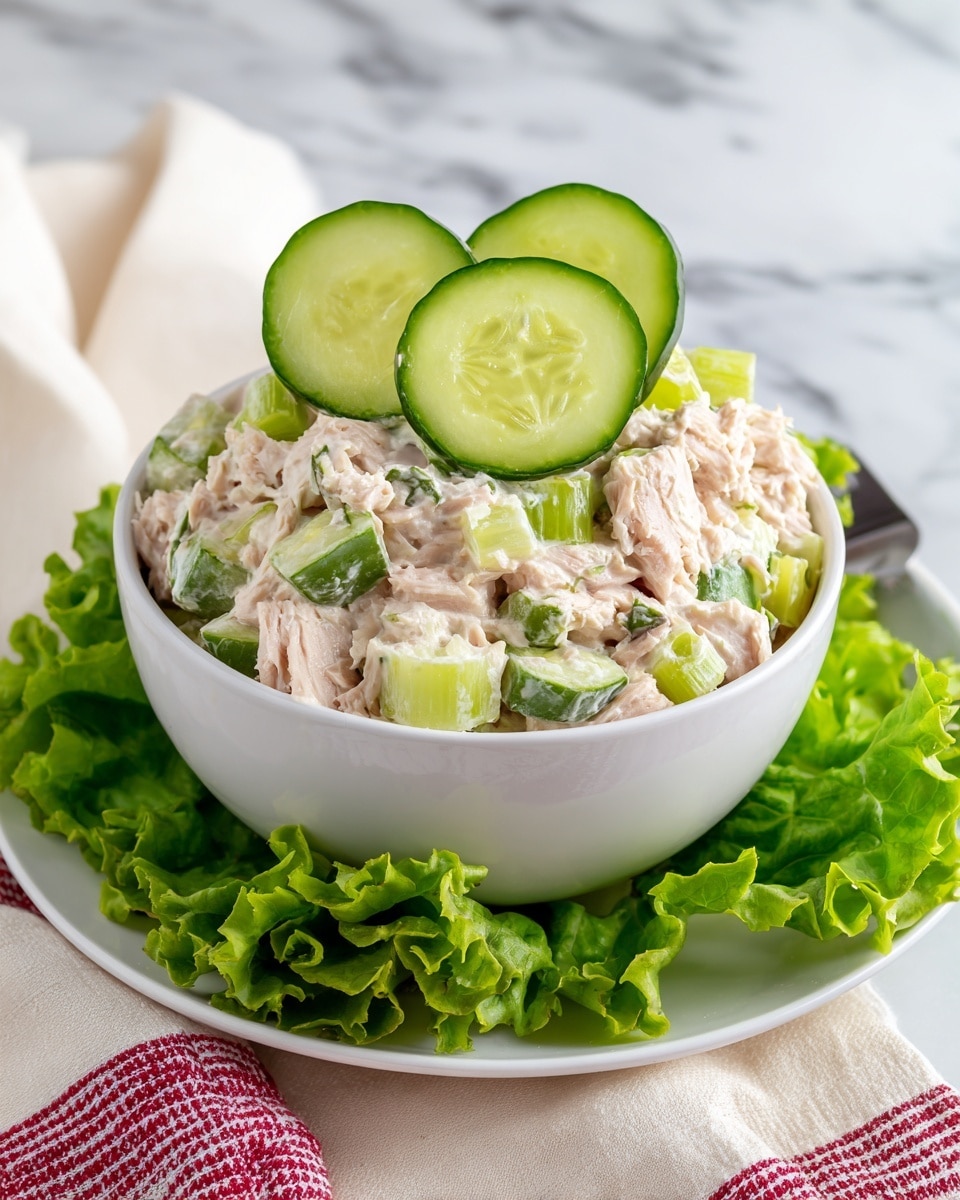 A white bowl filled with tuna salad made of light pink tuna pieces mixed with pale green celery chunks and small bits of darker green cucumber, creating a textured and chunky mix. On top, three round slices of bright green cucumber with moist centers are placed in the middle for garnish. The bowl rests on a white plate surrounded by green leafy lettuce edges, all set against a white marbled surface with a cream cloth and a red and white striped cloth partly visible under the plate. Photo taken with an iphone --ar 4:5 --v 7
