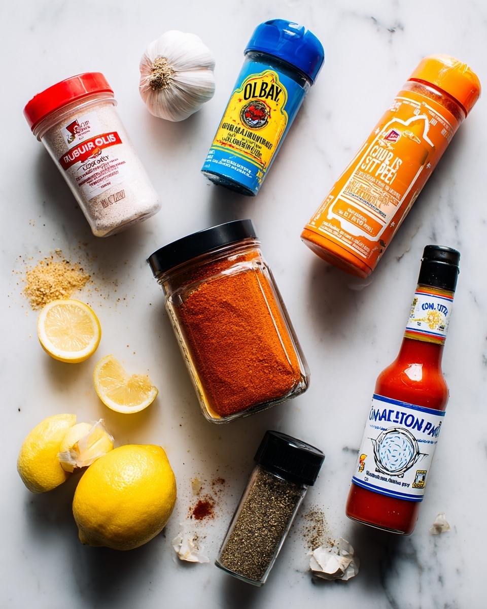 The image shows several seasoning containers arranged on a clean, white marbled surface. At the top left, there is a red and white container of seasoned salt, next to it on the right a blue and yellow container of Old Bay seasoning, and further right a tall orange and white bottle of Cajun seasoning. Below these, starting from the left, there is a large transparent jar with a black lid of smoked paprika, next to it a smaller clear jar with a yellow lid containing lemon pepper, and to the right a dark bottle of ground black pepper with a black lid. On the far right is a tall red bottle of hot sauce with a white and blue label. Around the seasonings, half lemon wedges are scattered, along with two heads of garlic placed on the surface. Photo taken with an iphone --ar 4:5 --v 7