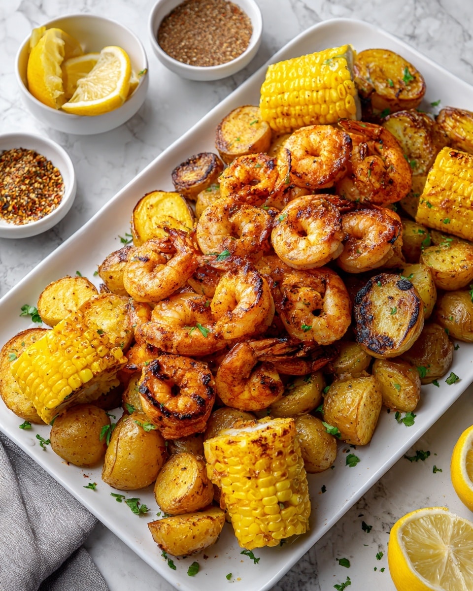 The image shows a white rectangular plate filled with grilled shrimp, corn, and potatoes on a white marbled surface. The dish has three main layers: a base layer of golden-brown potatoes with charred spots, topped with bright yellow grilled corn cut into small rounds, and finished with a pile of pinkish-orange shrimp that have a slightly charred skin. The grilled items have a shiny, slightly oily texture indicating a flavorful seasoning. In the background, there are small white bowls with spices and lemon wedges, hinting at the dish's fresh and zesty flavor. Photo taken with an iphone --ar 4:5 --v 7