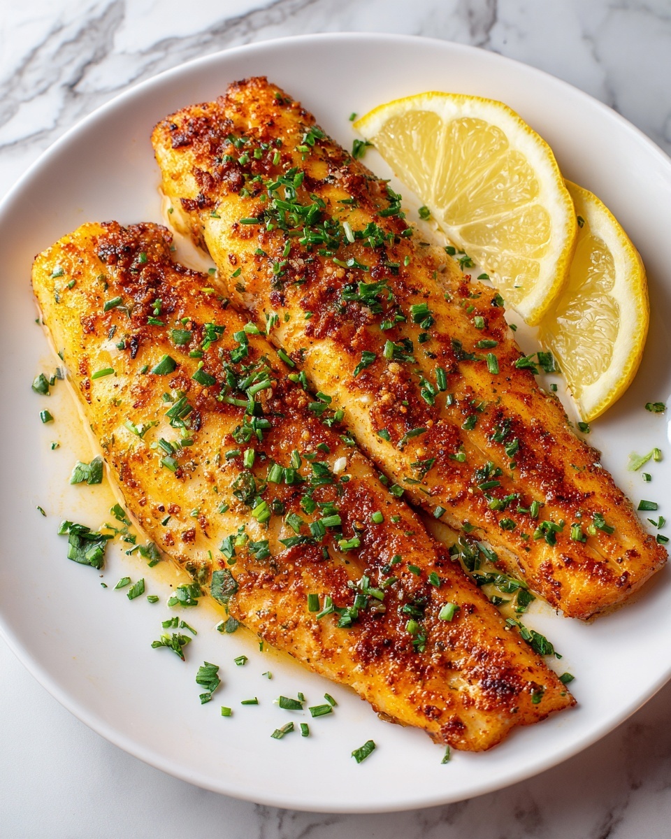 Two pieces of golden brown seasoned fish fillets are placed side by side on a white plate, garnished with small chopped green herbs sprinkled on top. Two lemon wedges with a pale yellow color sit next to the fillets on the right. The plate is set on a white marbled surface. photo taken with an iphone --ar 4:5 --v 7