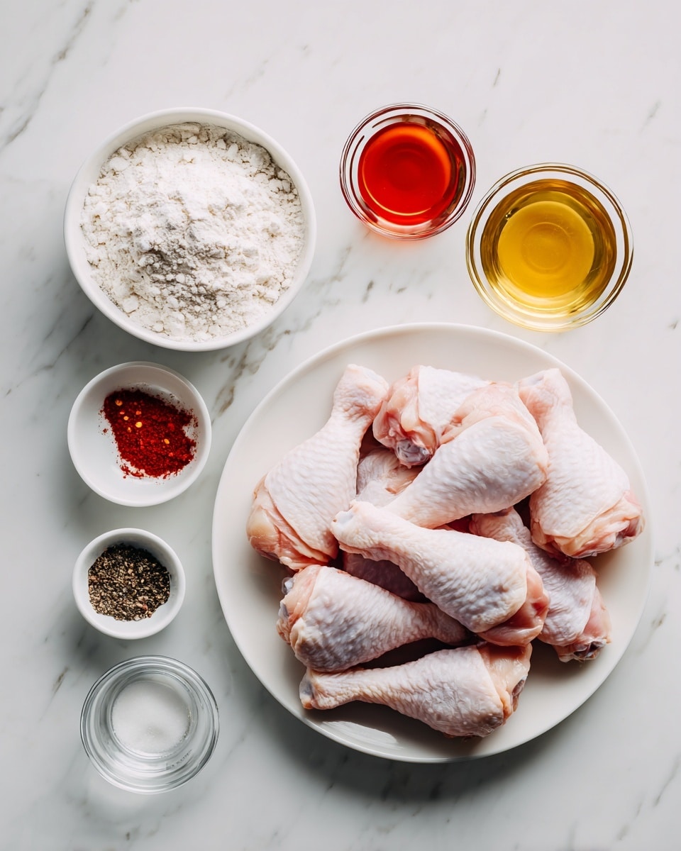 A white plate full of raw chicken drumsticks sits on a white marbled surface, surrounded by small white bowls holding salt, black pepper, and red paprika powder. To the left, a white bowl holds a mound of white flour, and two clear measuring cups filled with clear cooking oil and white buttermilk are placed nearby, with another small bowl containing a reddish liquid. The ingredients are neatly arranged in a top-down view, set against the clean white marbled background photo taken with an iphone --ar 4:5 --v 7