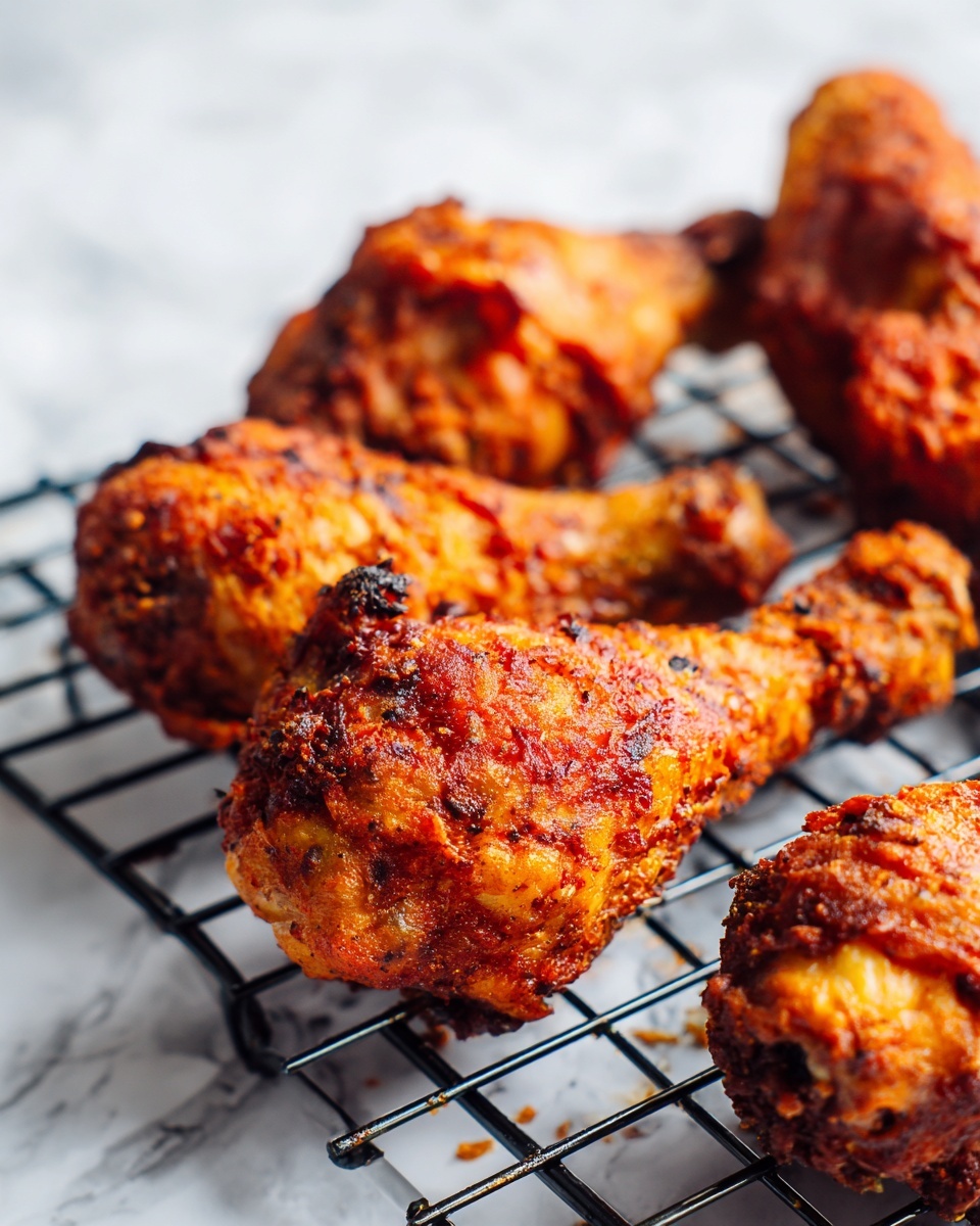 The image shows several fried chicken drumsticks on a black wire rack. The drumsticks are arranged in a loose pattern, all with a crispy, deep reddish-brown coating with a textured, crunchy surface. The color of the drumsticks ranges from golden brown to darker brown spots, showing a well-cooked and seasoned crust. The wire rack allows some of the orange grease and crumbs to fall below. The background beneath the rack is white marbled texture. photo taken with an iphone --ar 4:5 --v 7