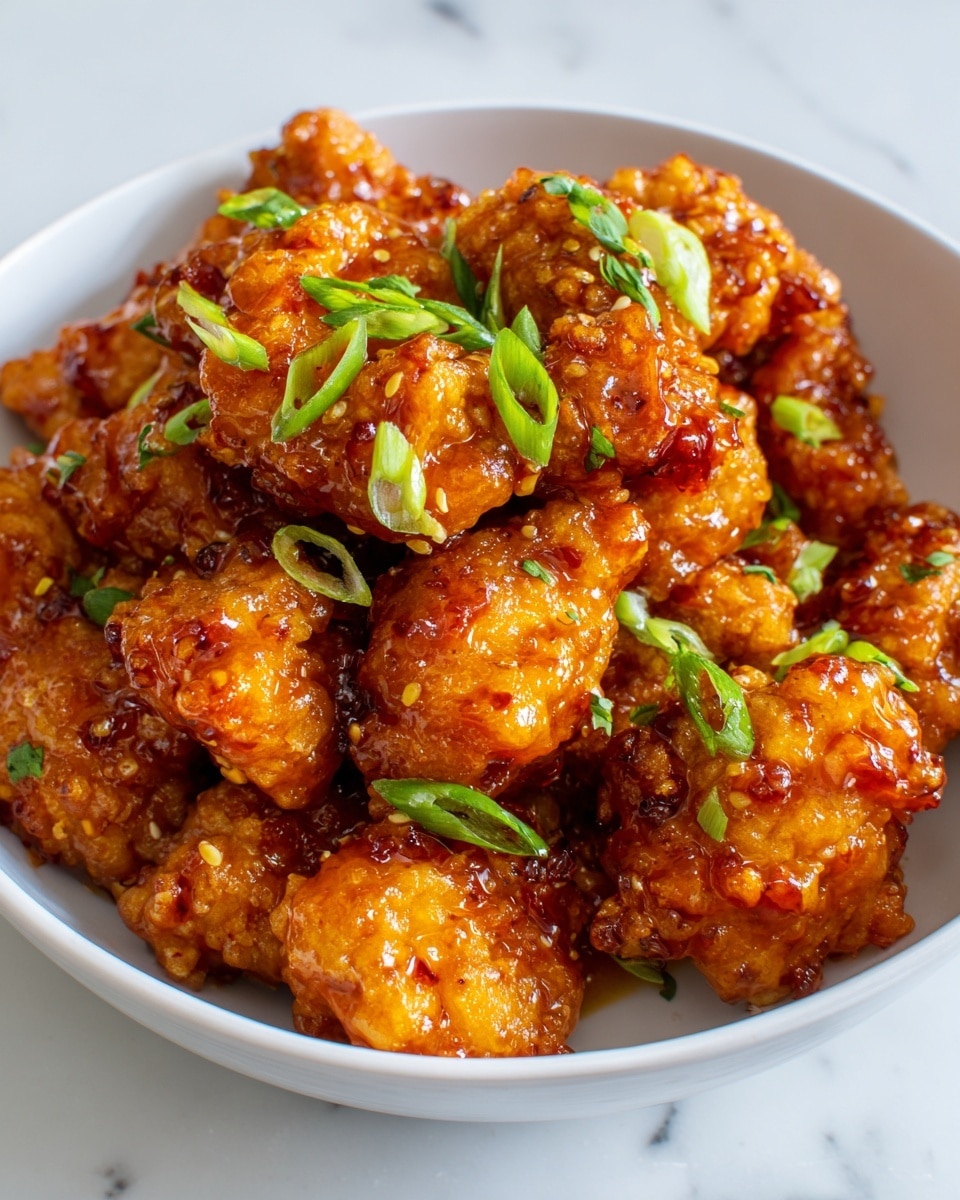 A close-up of a white bowl filled with many pieces of golden brown fried chicken coated in a shiny, sticky orange sauce. On top, there are thin slices of light green scallions scattered evenly. The chicken pieces are plump, round, and piled high, showing a mix of smooth and slightly crispy texture. The bowl sits on a white marbled surface, and the glossy sauce gives the chicken a delicious, moist look photo taken with an iphone --ar 4:5 --v 7