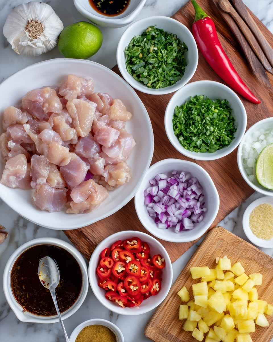 The image shows a wooden table with several small bowls and one white plate arranged neatly, each holding different ingredients for cooking. The white plate near the center contains raw, light pink chicken pieces. Around it, small white bowls hold chopped green herbs, red chili peppers, diced red tomatoes, and chopped purple onions. On a small wooden board to the right, there is finely chopped pale yellow pineapple. Nearby, a whole red chili and a white bowl filled with dark brown sauce and a spoon inside it are visible. Other items include a cut lime half, a garlic clove, and a small amount of light yellow seasoning in a white bowl. The background is a white marbled texture. Photo taken with an iphone --ar 4:5 --v 7