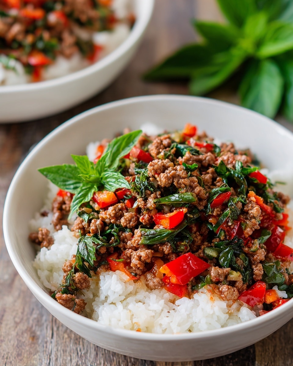 A white bowl filled with a bottom layer of white rice topped with cooked ground meat mixed with bright red bell pepper pieces and wilted green leafy herbs, giving a rich mix of brown, red, and dark green colors with a slightly glossy texture on the meat. In the background, another white bowl contains the same dish, slightly blurred. The bowls sit on a wood-textured surface, with a small glimpse of green herbs in the far background. Photo taken with an iphone --ar 4:5 --v 7