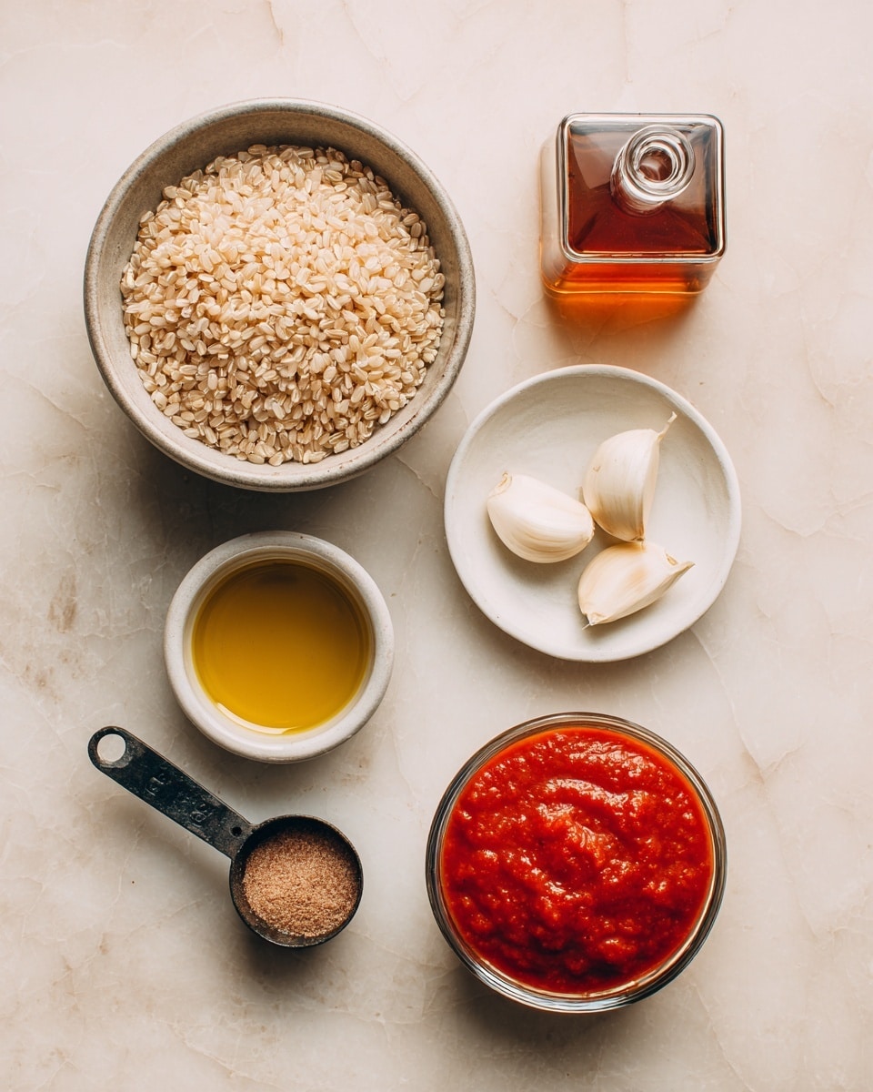 A white marbled surface holds six separate items: a large clear bowl filled with light brown rice grains positioned top left; next to it on the right is a small rectangular bottle filled with amber liquid; below the bottle is a small white plate with two peeled garlic cloves; directly below the rice bowl is a small metal cup containing yellow oil; next to the oil cup on the left is a black measuring spoon with brown powder; finally, below the spoon and oil is a clear bowl filled with bright red tomato sauce, thick in texture. photo taken with an iphone --ar 4:5 --v 7
