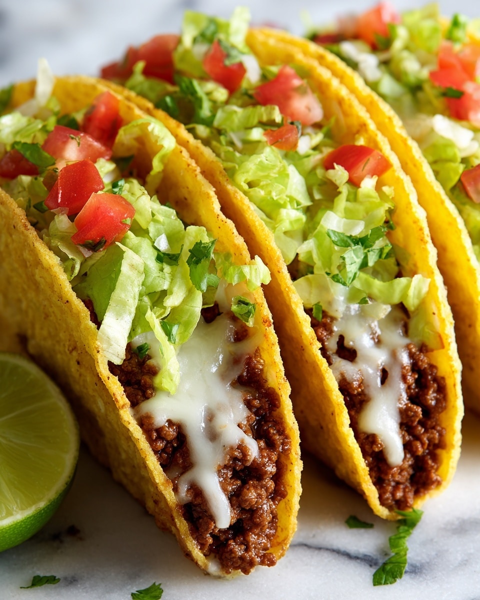 The image shows a close-up of three yellow hard taco shells standing upright on a white marbled surface. Each taco is filled with browned ground meat on the bottom layer, topped with melted, creamy white cheese that covers the meat and drips slightly onto the surface. The top half of the tacos has fresh layers of chopped light green lettuce mixed with bright red diced tomatoes and small bits of chopped herbs like cilantro, adding a fresh and colorful contrast. A half slice of lime is visible in the background on the white marbled surface, adding extra detail. The colors and textures are vivid and rich, making the tacos look warm and fresh. Photo taken with an iphone --ar 4:5 --v 7