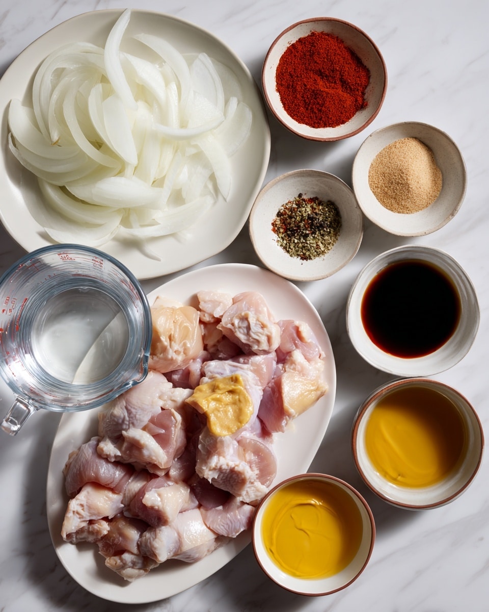 The image shows a white plate full of raw chicken pieces with pale pink and slightly yellow fat patches on the bottom right side. Above it, several small white bowls hold different ingredients: one bowl has a mix of colorful spices including reddish-orange, beige, white, black, and green herbs; another contains brown sugar, while yet another holds a dark soy-colored liquid. On the top left, a white plate is piled with thin, translucent white onion slices. Below the onion plate is a glass measuring cup filled with clear water, and next to it is a small white bowl with a smooth bright red paste. A couple of small brown-rimmed white bowls hold yellow mustard and a golden liquid, likely oil or honey. All items are set on a white marbled surface, photo taken with an iphone --ar 4:5 --v 7