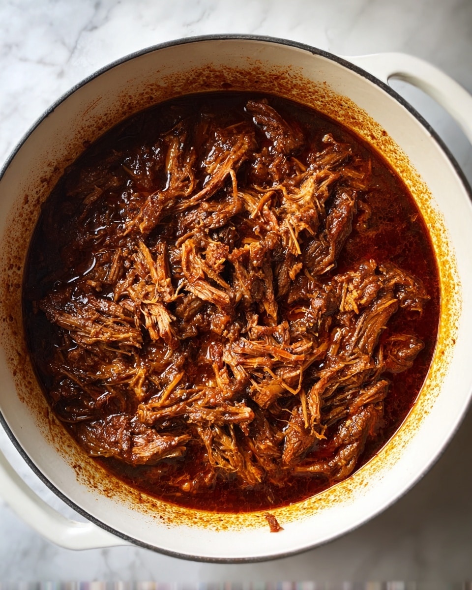 A white round pot filled with shredded brown meat cooked in a thick dark brown sauce; the meat pieces are thin and fibrous, layered evenly inside the pot with some sauce coating the sides, showing a rustic and hearty texture. The pot sits on a white marbled surface. photo taken with an iphone --ar 4:5 --v 7