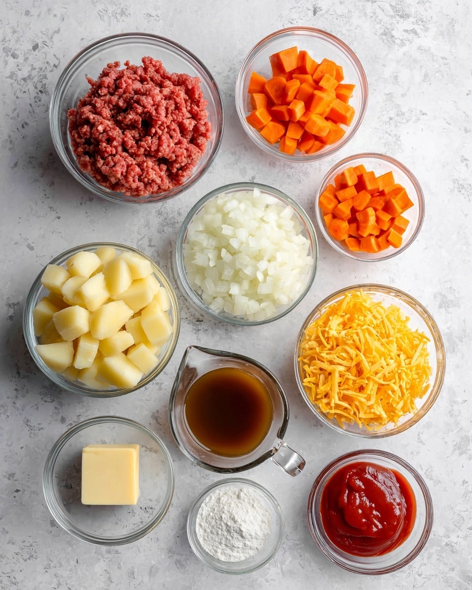 Nine clear glass bowls are arranged on a white marbled surface. The largest bowl on the right holds pale yellow potato chunks, cut into medium pieces. Above it is a smaller bowl with bright orange carrot sticks, cut into similar sizes. To the left of the carrots is a bowl filled with finely chopped white onions. On the far left, a large bowl contains reddish raw ground meat. Below that is a bowl filled with bright orange shredded cheese. In the middle, a glass measuring cup holds brown liquid broth. In front of it are three small clear bowls: one with a square of light yellow butter, one with a small amount of white flour, and one with red ketchup. photo taken with an iphone --ar 4:5 --v 7