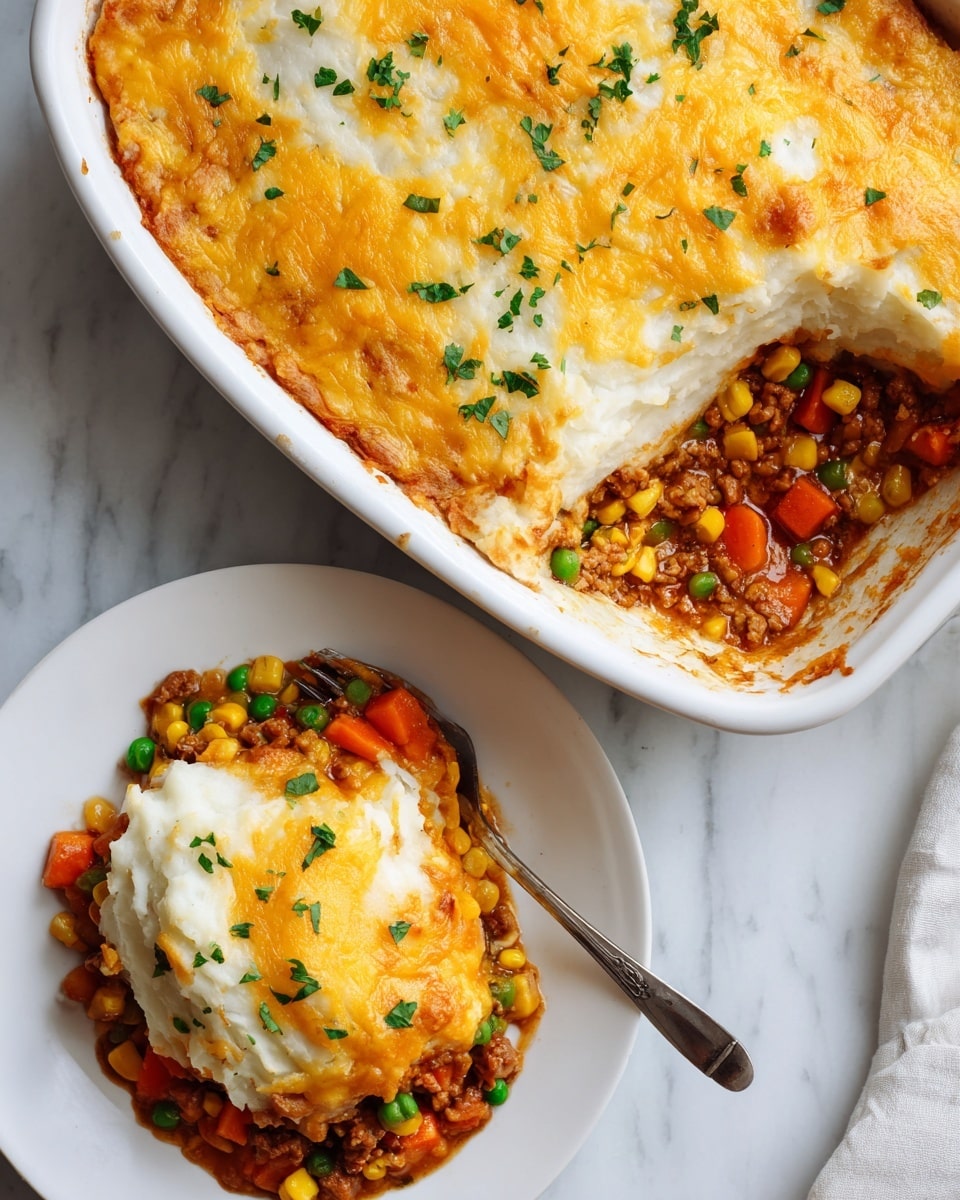 A white baking dish shows a layered casserole with the top layer covered in melted golden brown cheese sprinkled with small green parsley leaves, giving a slightly crispy texture. The middle layer beneath the cheese is creamy mashed potatoes with a smooth white texture. Below that is a thick layer of mixed cooked vegetables including bright orange carrots, yellow corn, green peas, and bits of browned meat in a rich brown sauce. On the left side, there is a white plate with a serving of the casserole revealing all the layers clearly. The scene is set on a white marbled surface. Photo taken with an iphone --ar 4:5 --v 7